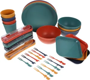 1 Set Portable Wheat Straw Dinnerware Reusable Picnic Plates and Utensils Kit Stylish Mixed Color Design for Outdoor Camping Hiking Bbq and Home Use Compact Storage Box Included