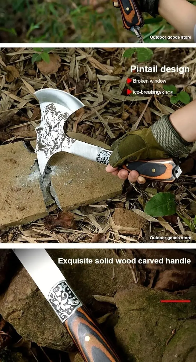 10 inch Camping Axe, Outdoor Throwing Axe for Chopping Wood and kindling, Forged Carbon Steel Heat-Treated Survival Tool, Ergonomic Design, Non-Slip Shock Absorption, Long-Lasting Durability.