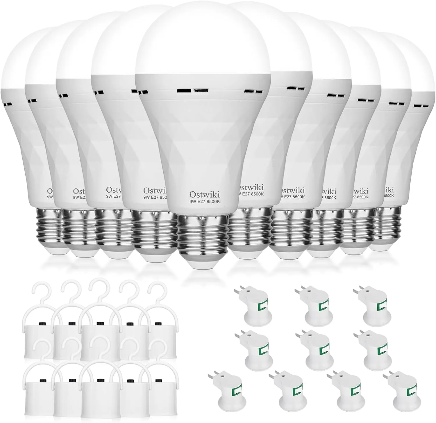 10 Pack Rechargeable Emergency Light Bulbs,Battery Operated Backup Light Bulb for Power Outage Camping Outdoor Hurricane 9W E27 8500K 1200mAh White Self-Charging LED Light Bulbs