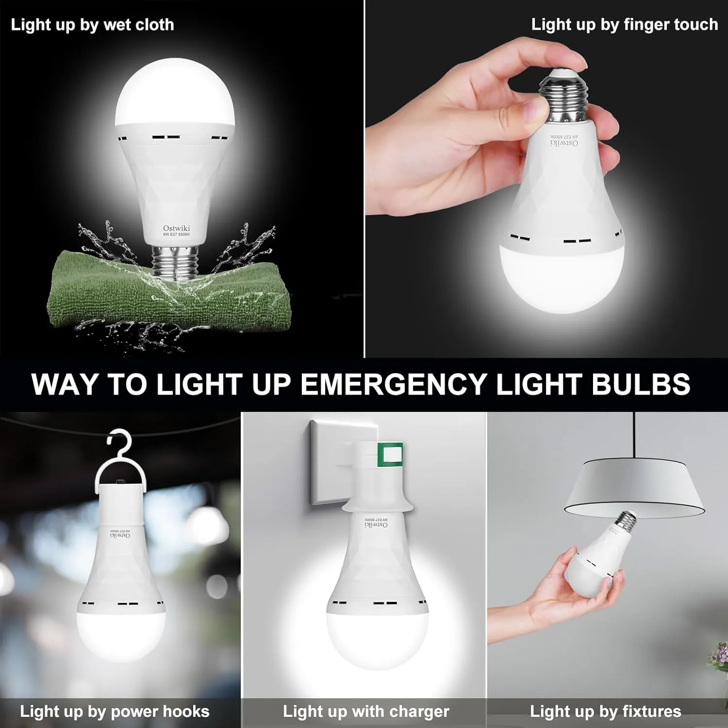 10 Pack Rechargeable Emergency Light Bulbs,Battery Operated Backup Light Bulb for Power Outage Camping Outdoor Hurricane 9W E27 8500K 1200mAh White Self-Charging LED Light Bulbs