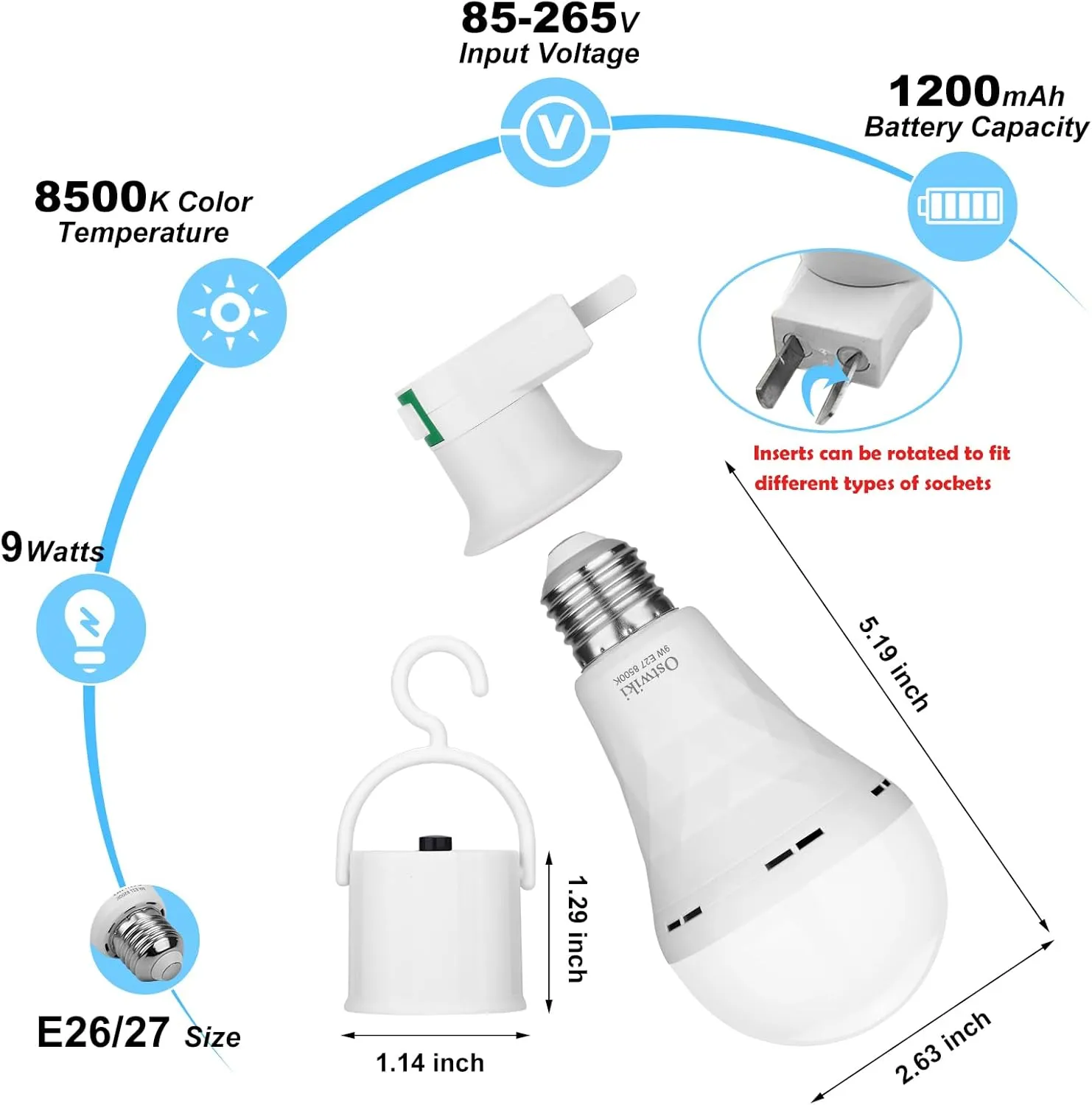 10 Pack Rechargeable Emergency Light Bulbs,Battery Operated Backup Light Bulb for Power Outage Camping Outdoor Hurricane 9W E27 8500K 1200mAh White Self-Charging LED Light Bulbs