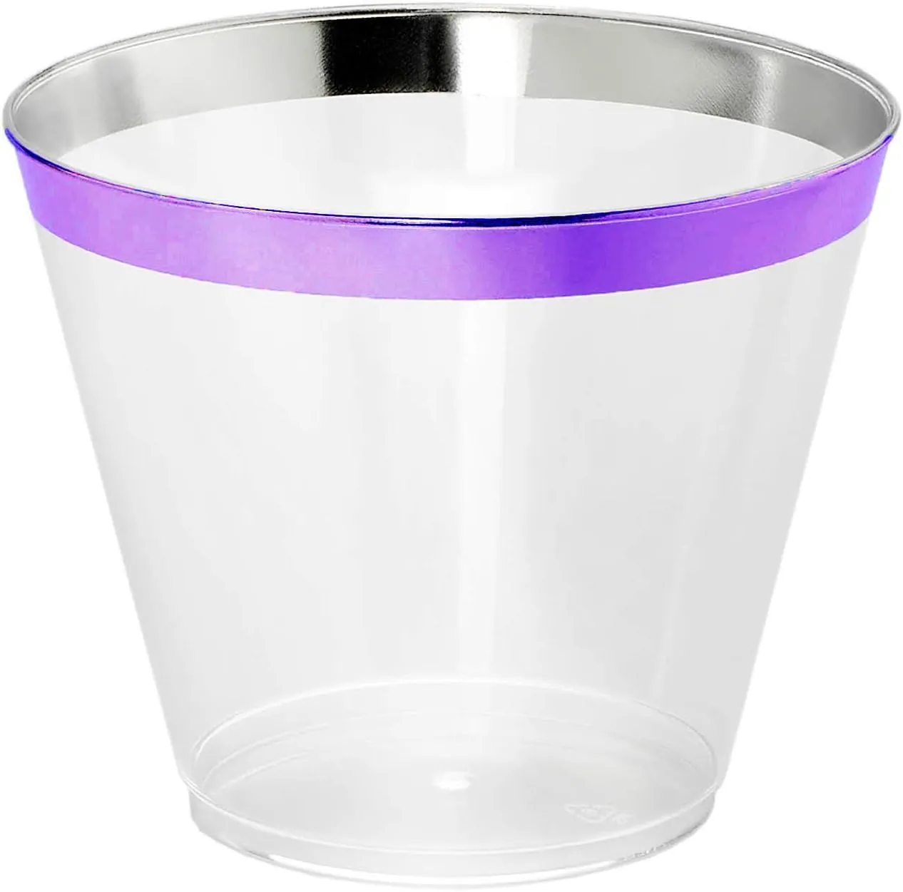 100 Purple Rimmed Plastic Cups and 1 Silver Ice Tong Set - 9 Ounce Disposable Wine Glasses - Fancy Clear Plastic Cups - Mermaid Party Supplies