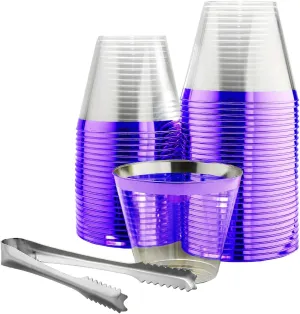 100 Purple Rimmed Plastic Cups and 1 Silver Ice Tong Set - 9 Ounce Disposable Wine Glasses - Fancy Clear Plastic Cups - Mermaid Party Supplies