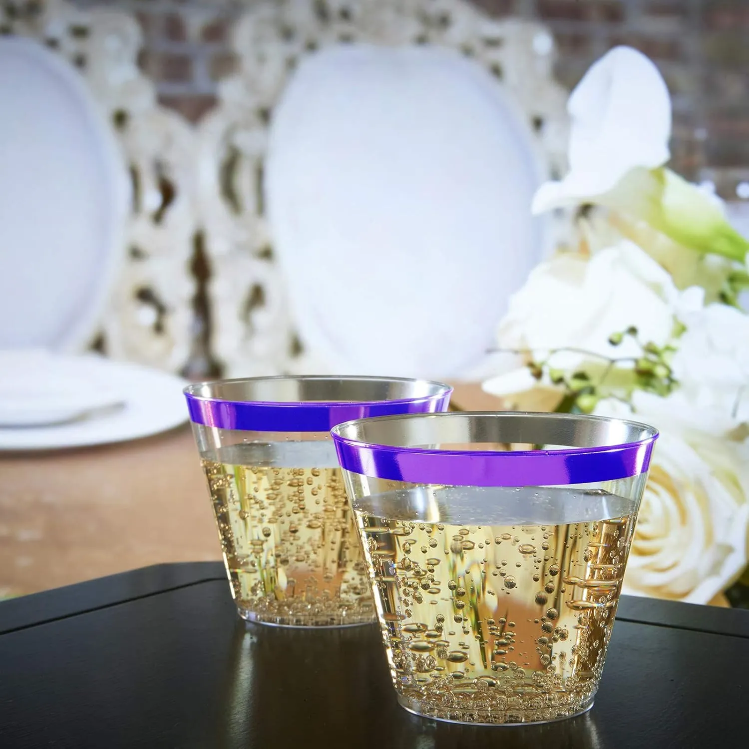 100 Purple Rimmed Plastic Cups and 1 Silver Ice Tong Set - 9 Ounce Disposable Wine Glasses - Fancy Clear Plastic Cups - Mermaid Party Supplies