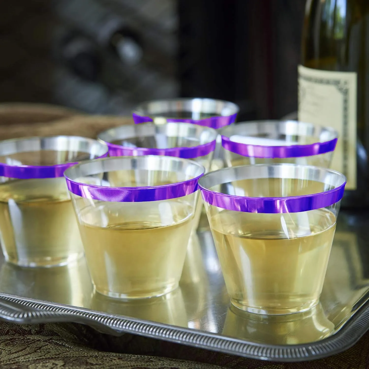 100 Purple Rimmed Plastic Cups and 1 Silver Ice Tong Set - 9 Ounce Disposable Wine Glasses - Fancy Clear Plastic Cups - Mermaid Party Supplies