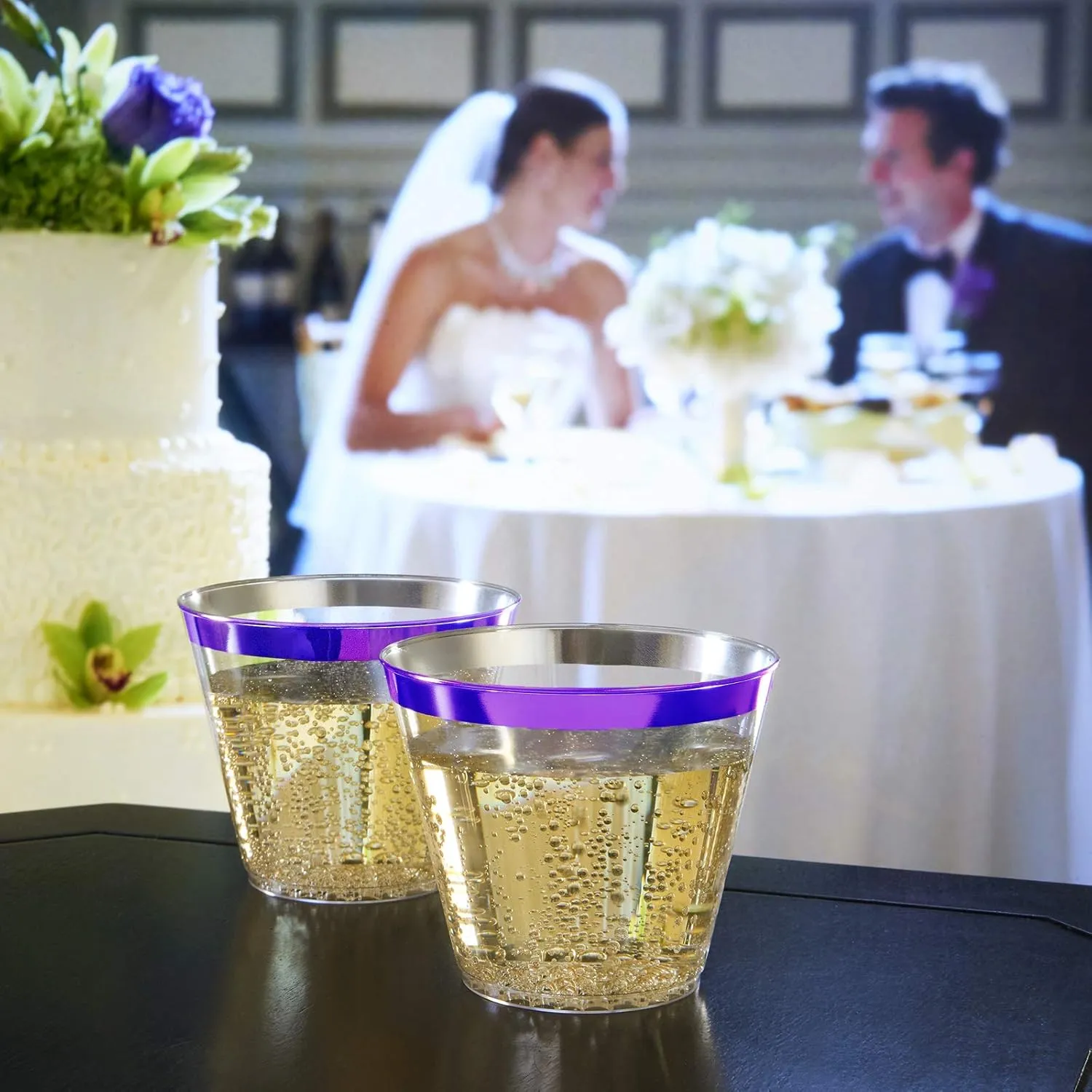 100 Purple Rimmed Plastic Cups and 1 Silver Ice Tong Set - 9 Ounce Disposable Wine Glasses - Fancy Clear Plastic Cups - Mermaid Party Supplies