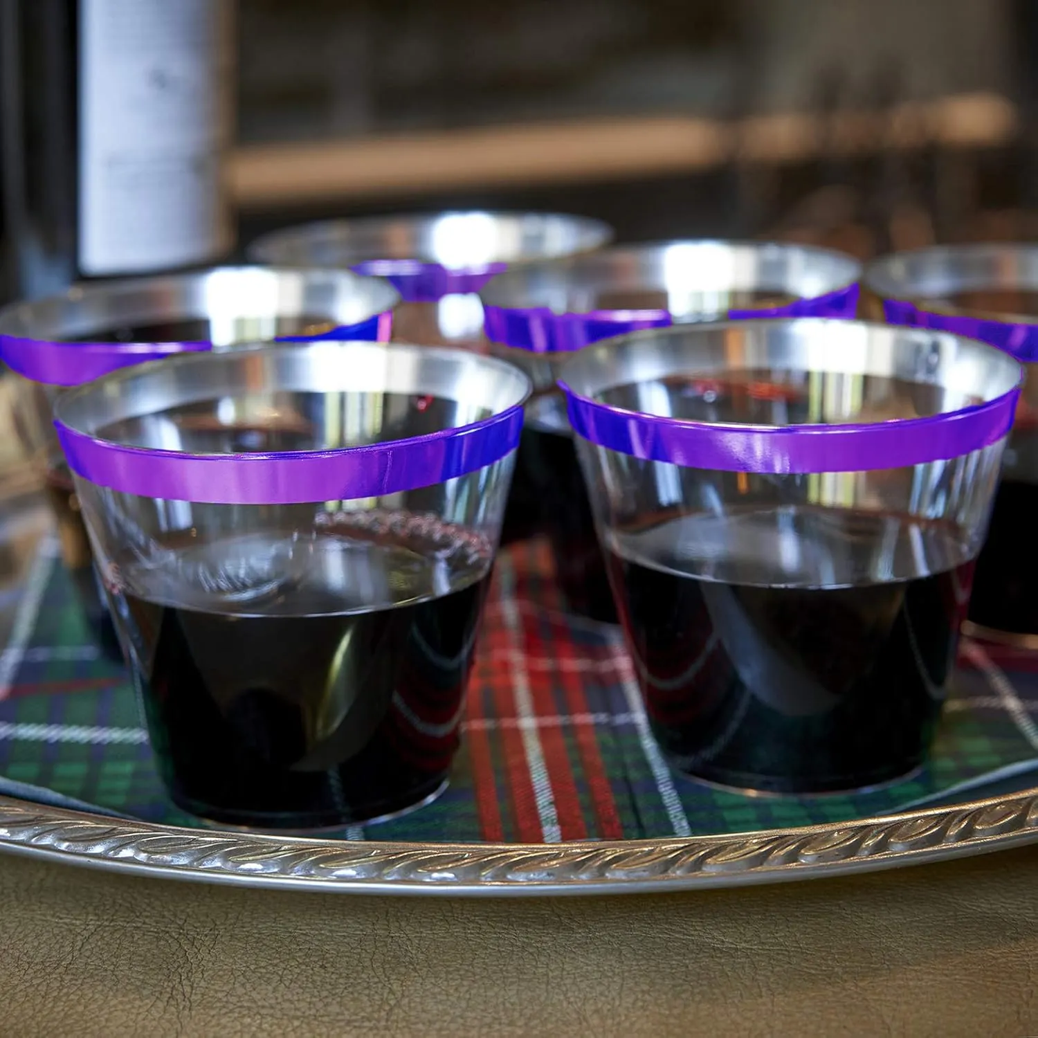 100 Purple Rimmed Plastic Cups and 1 Silver Ice Tong Set - 9 Ounce Disposable Wine Glasses - Fancy Clear Plastic Cups - Mermaid Party Supplies