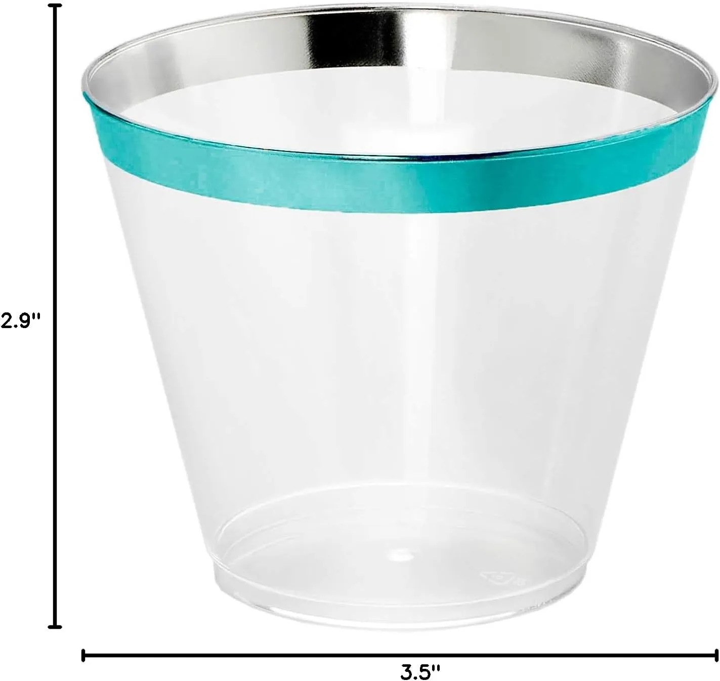 100 Teal Rimmed Plastic Cups and 1 Silver Ice Tong Set - 9 Ounce Disposable Wine Glasses - Plastic Cocktail Glasses - Fancy Clear Cups - Teal Party Decorations - Mermaid Party Supplies