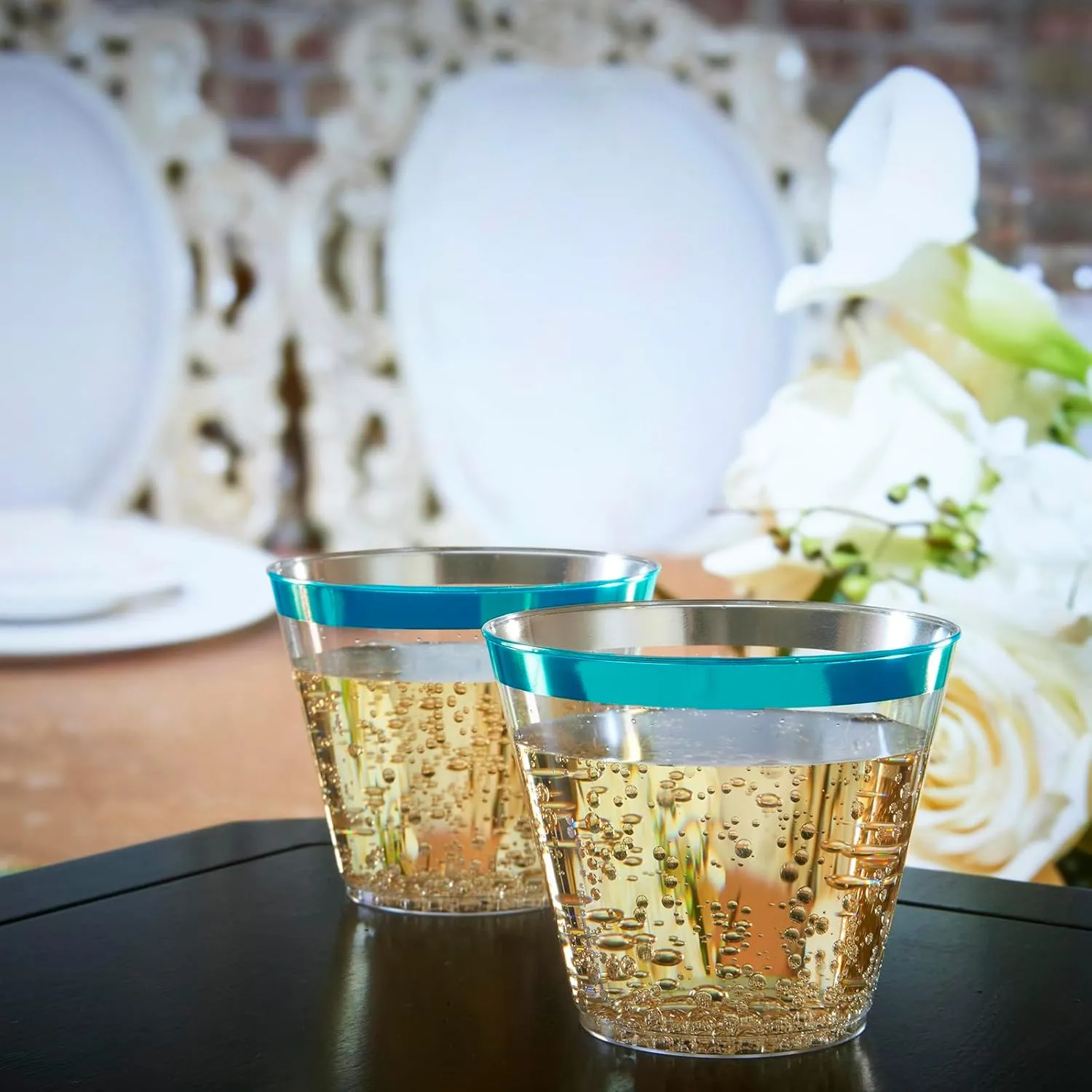 100 Teal Rimmed Plastic Cups and 1 Silver Ice Tong Set - 9 Ounce Disposable Wine Glasses - Plastic Cocktail Glasses - Fancy Clear Cups - Teal Party Decorations - Mermaid Party Supplies