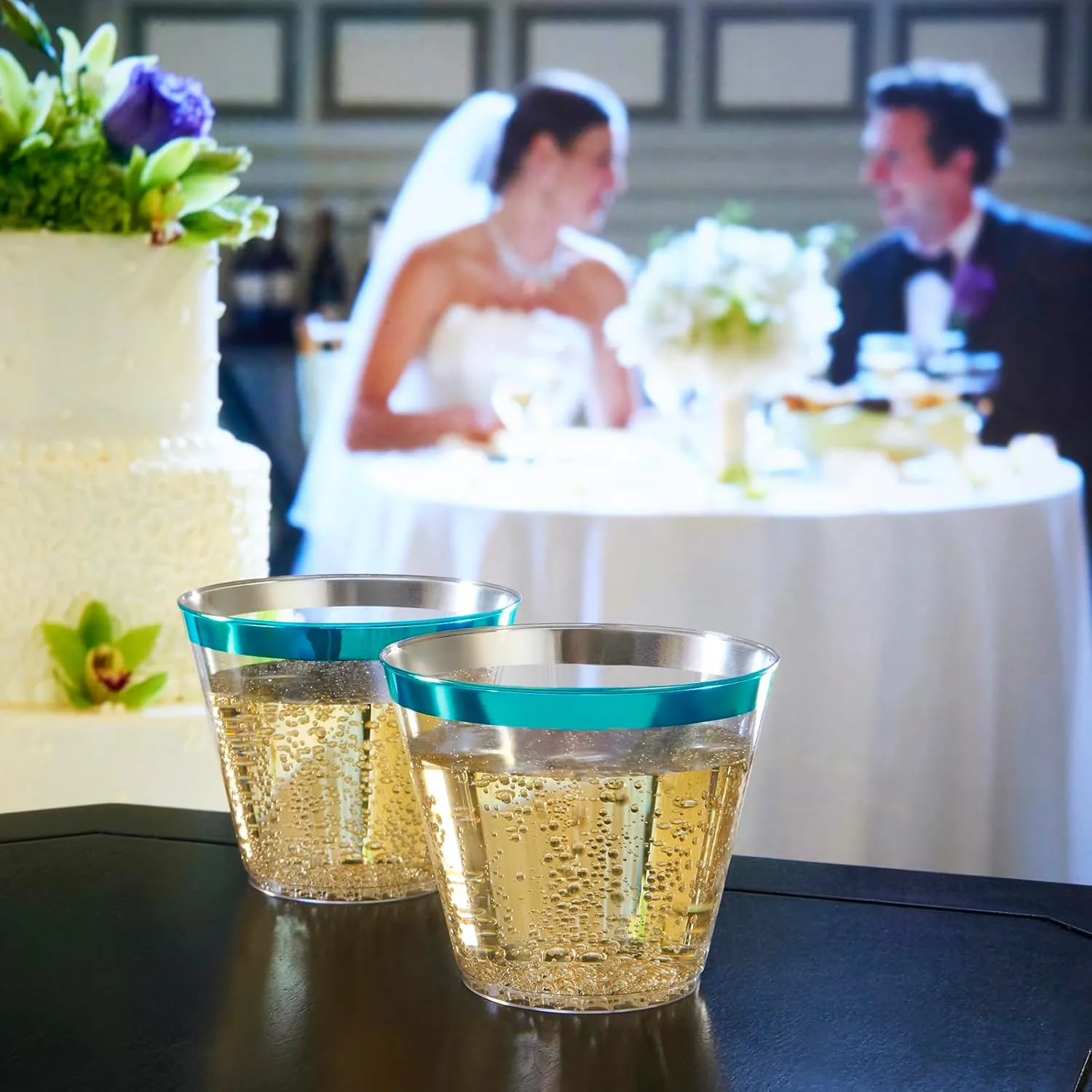 100 Teal Rimmed Plastic Cups and 1 Silver Ice Tong Set - 9 Ounce Disposable Wine Glasses - Plastic Cocktail Glasses - Fancy Clear Cups - Teal Party Decorations - Mermaid Party Supplies