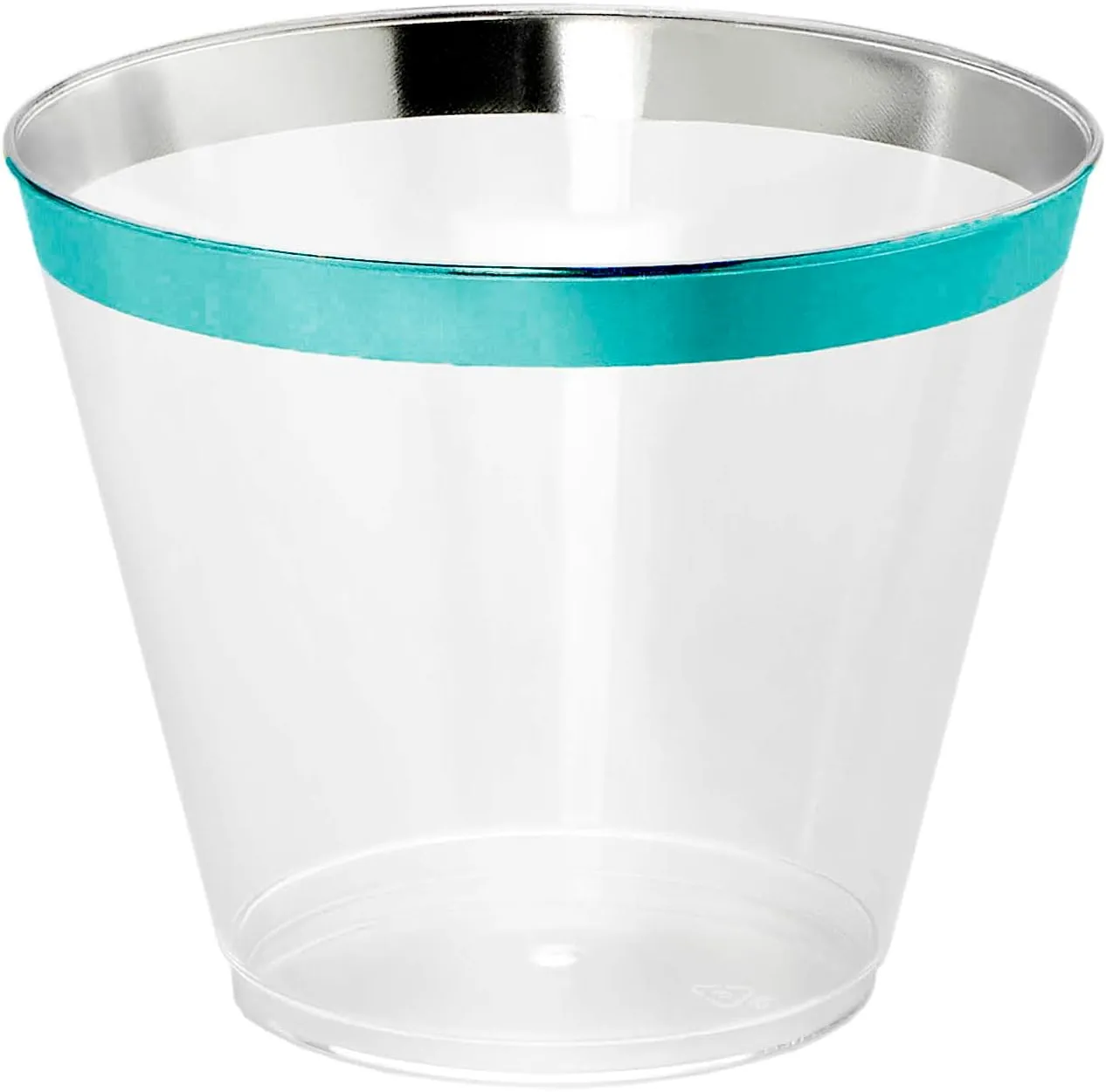100 Teal Rimmed Plastic Cups and 1 Silver Ice Tong Set - 9 Ounce Disposable Wine Glasses - Plastic Cocktail Glasses - Fancy Clear Cups - Teal Party Decorations - Mermaid Party Supplies