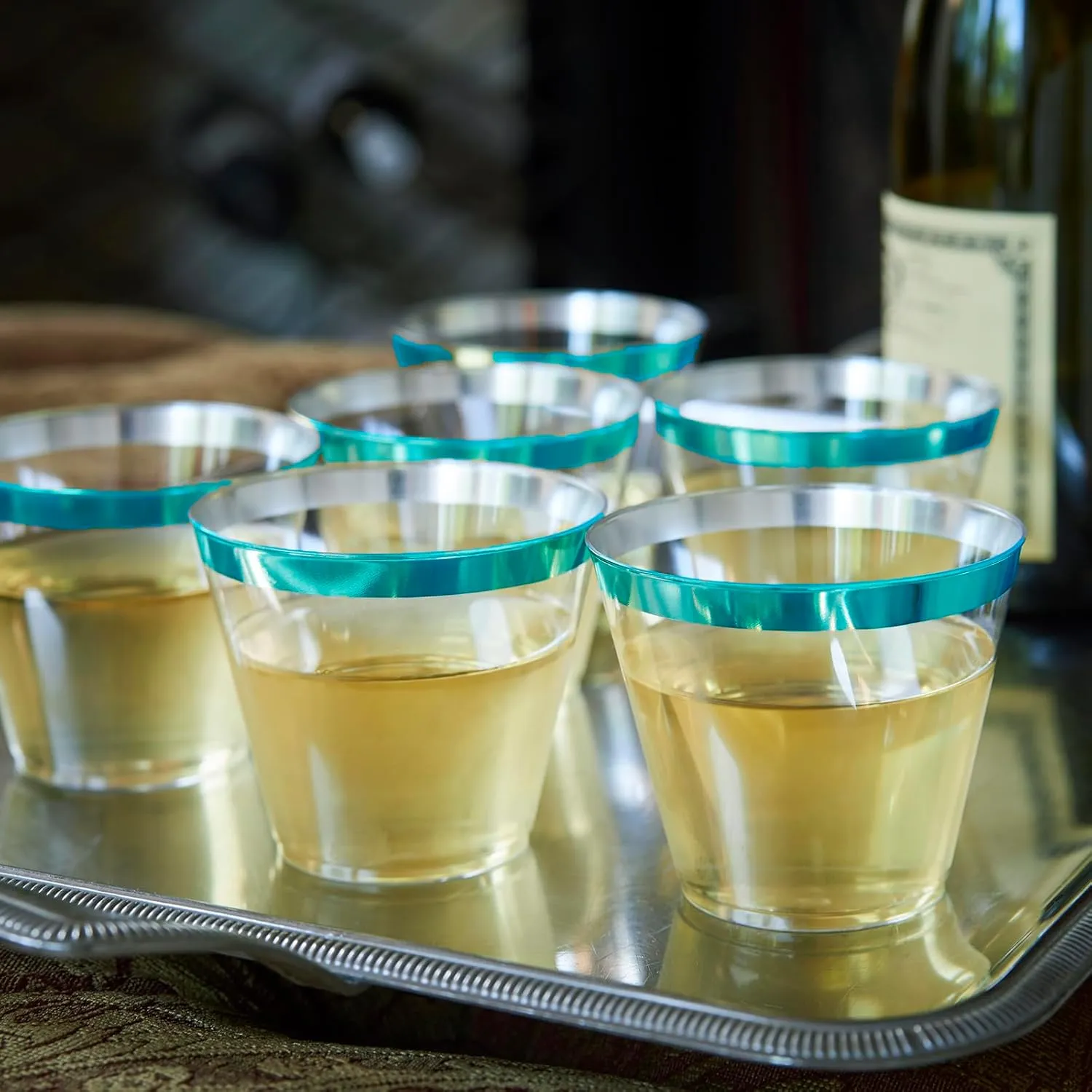 100 Teal Rimmed Plastic Cups and 1 Silver Ice Tong Set - 9 Ounce Disposable Wine Glasses - Plastic Cocktail Glasses - Fancy Clear Cups - Teal Party Decorations - Mermaid Party Supplies
