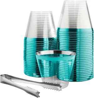 100 Teal Rimmed Plastic Cups and 1 Silver Ice Tong Set - 9 Ounce Disposable Wine Glasses - Plastic Cocktail Glasses - Fancy Clear Cups - Teal Party Decorations - Mermaid Party Supplies