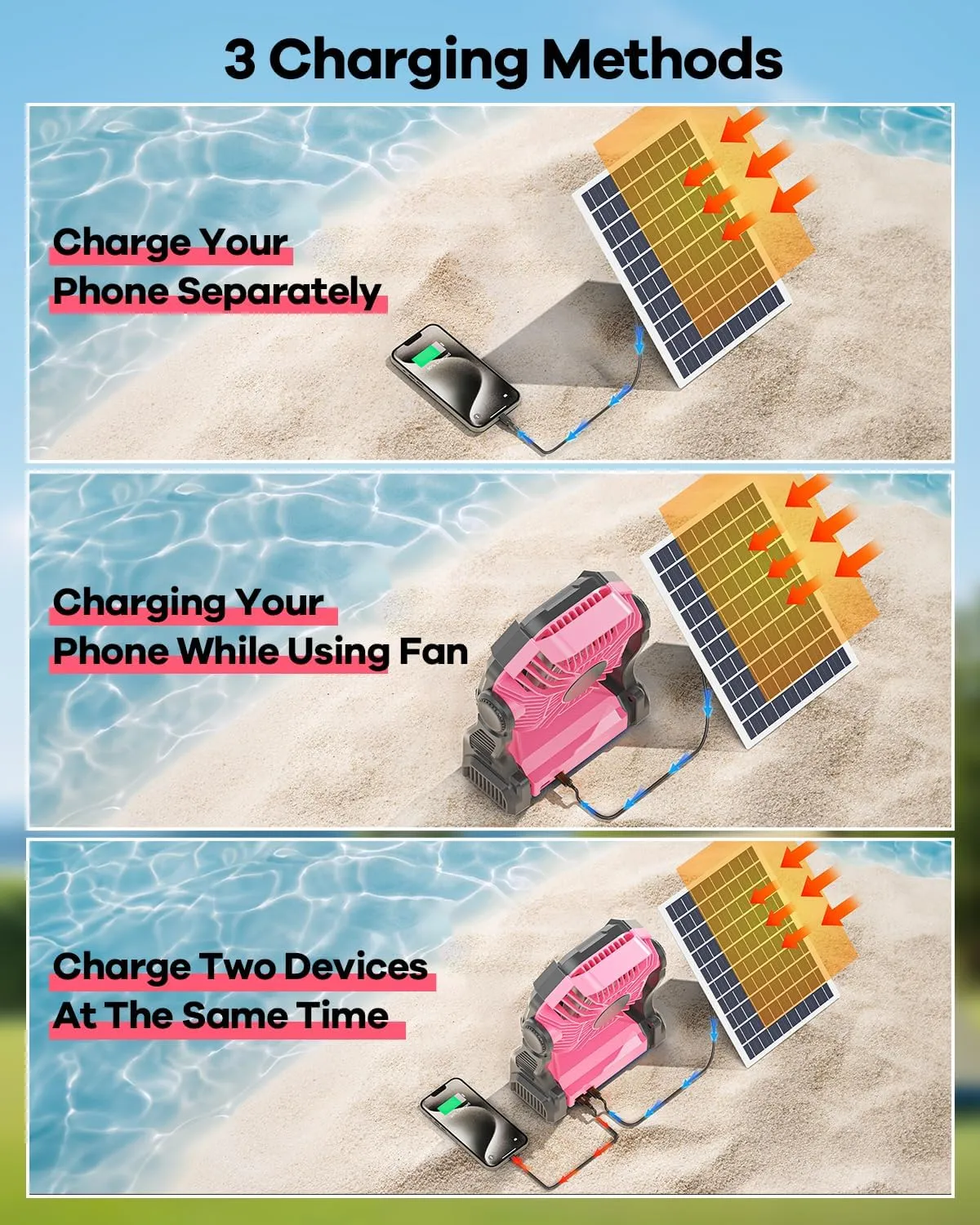 10400mAh Solar Fan, Camping Fan with 7W Panel/LED Lantern, Rechargeable Battery Operated Solar Powered for Outdoor & Indoor - Travel, Picnic, Barbecue, Fishing