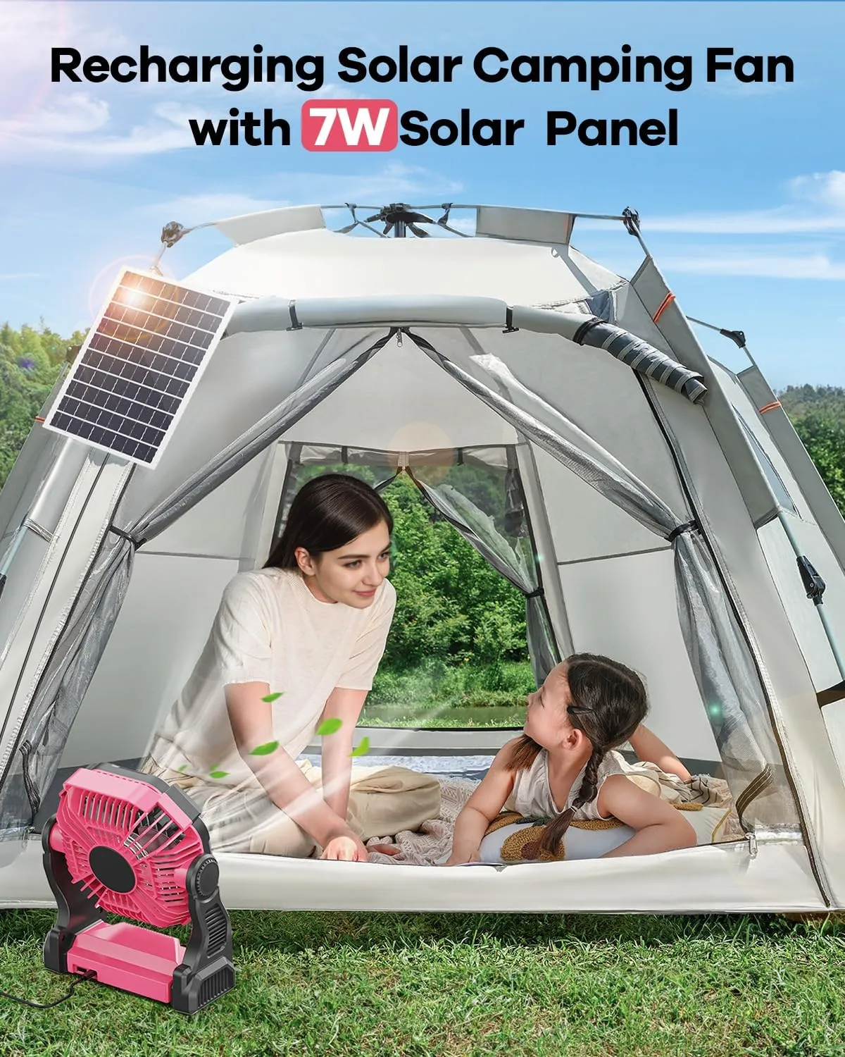10400mAh Solar Fan, Camping Fan with 7W Panel/LED Lantern, Rechargeable Battery Operated Solar Powered for Outdoor & Indoor - Travel, Picnic, Barbecue, Fishing