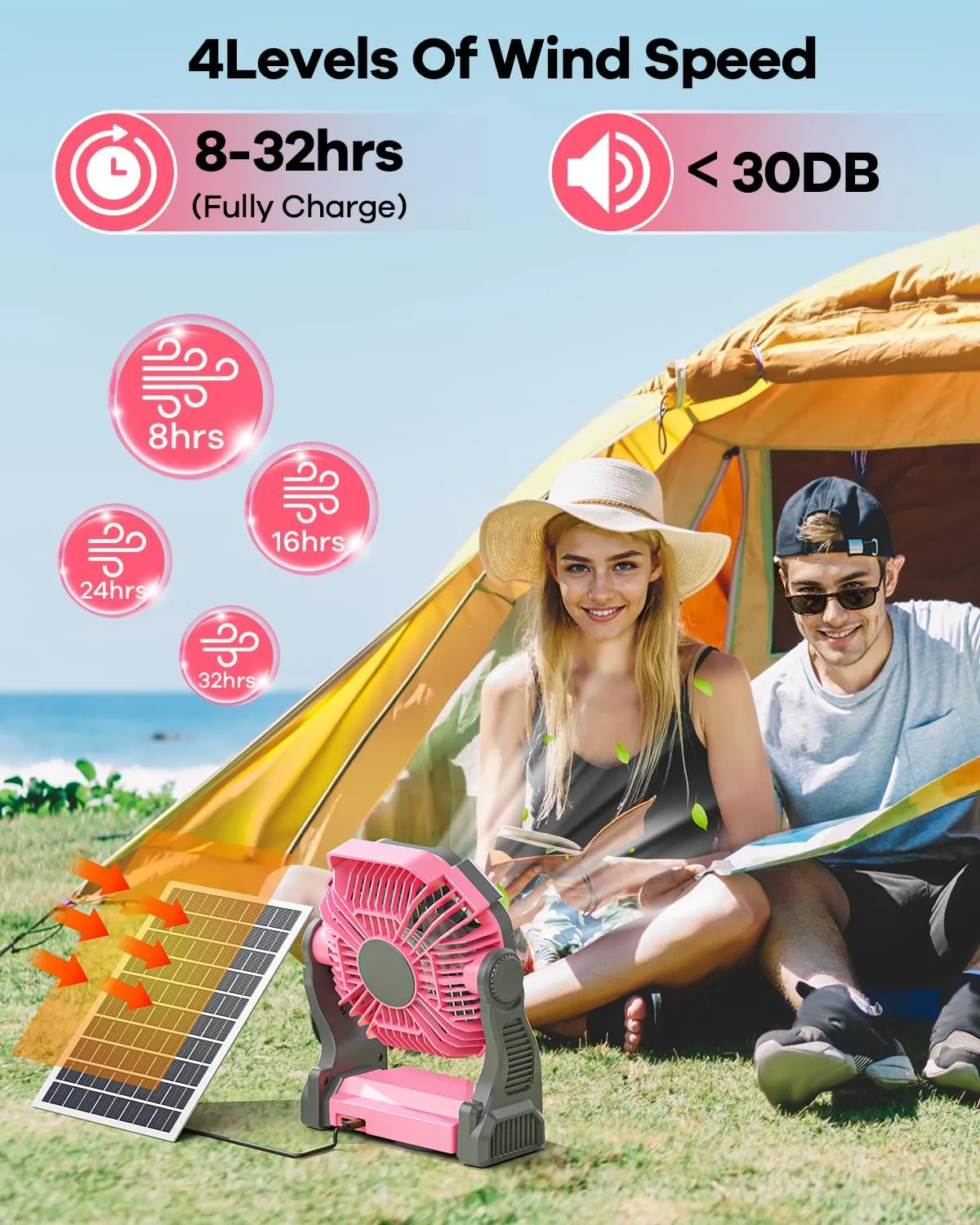 10400mAh Solar Fan, Camping Fan with 7W Panel/LED Lantern, Rechargeable Battery Operated Solar Powered for Outdoor & Indoor - Travel, Picnic, Barbecue, Fishing