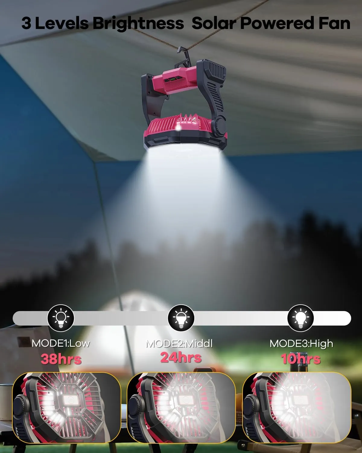 10400mAh Solar Fan, Camping Fan with 7W Panel/LED Lantern, Rechargeable Battery Operated Solar Powered for Outdoor & Indoor - Travel, Picnic, Barbecue, Fishing