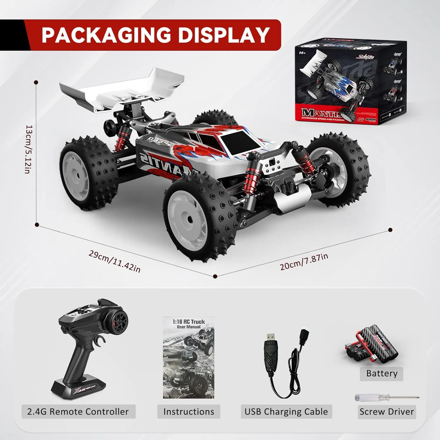 1/16 Fast Remote Control Car for Adults, Electric Vehicle Gift for Boys, High Speed RC with Max 48 mph Offroad Buggy, All Terrains RC Monster Truck with 2 sets of Rechargeable Batteries (Red)