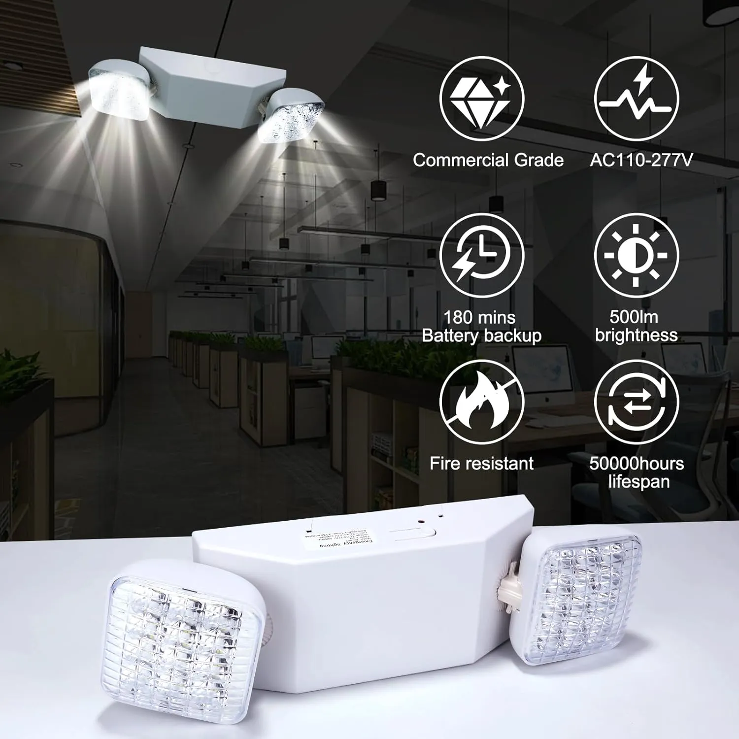 12 Pack LED Emergency Light Fixture, Commercial Emergency Lights with Battery Backup, Square Two Head Adjustable LED Emergency Lighting for Power Failure Business, Emergency Exit Light AC 110V-277V