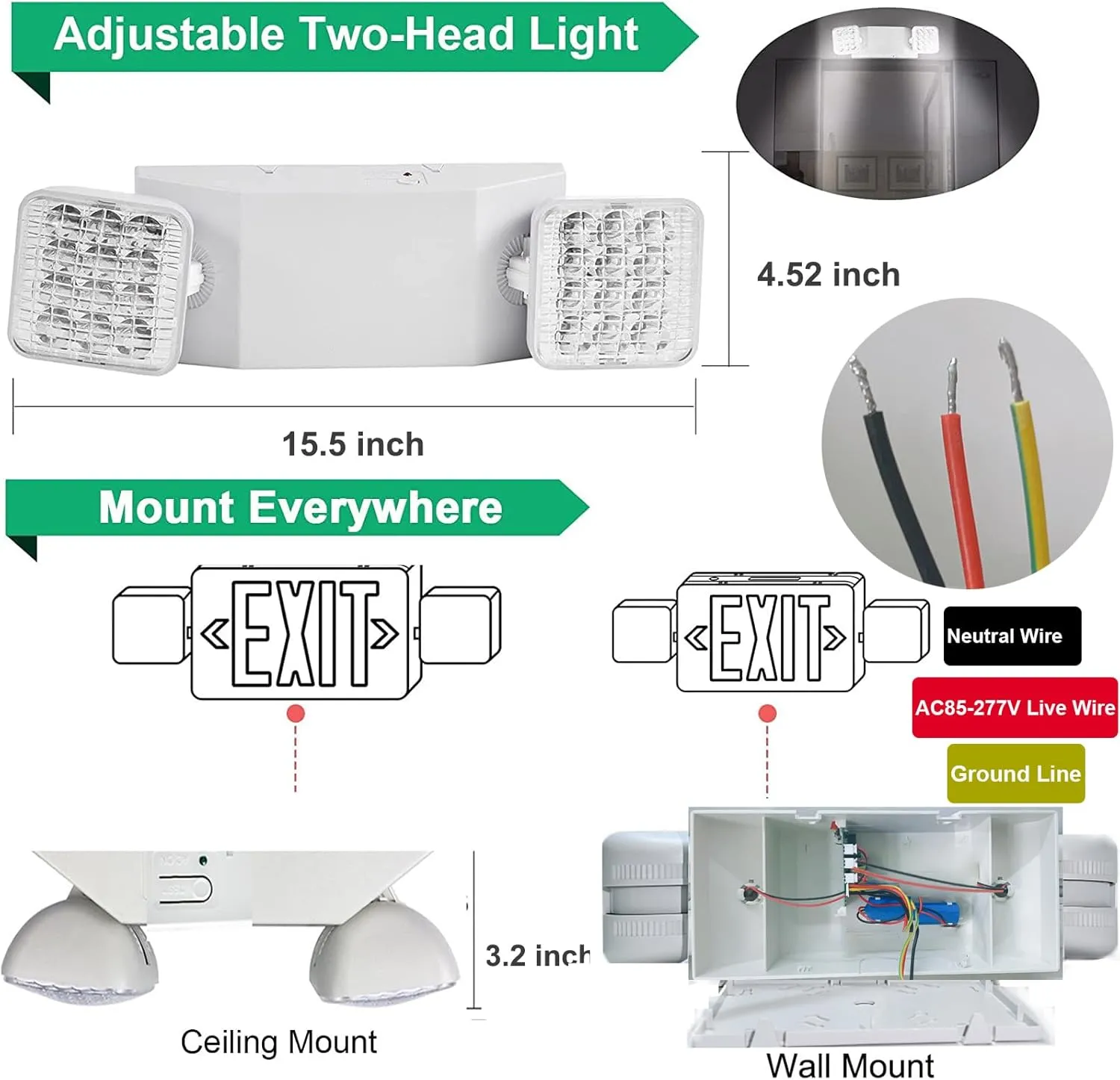 12 Pack LED Emergency Light Fixture, Commercial Emergency Lights with Battery Backup, Square Two Head Adjustable LED Emergency Lighting for Power Failure Business, Emergency Exit Light AC 110V-277V