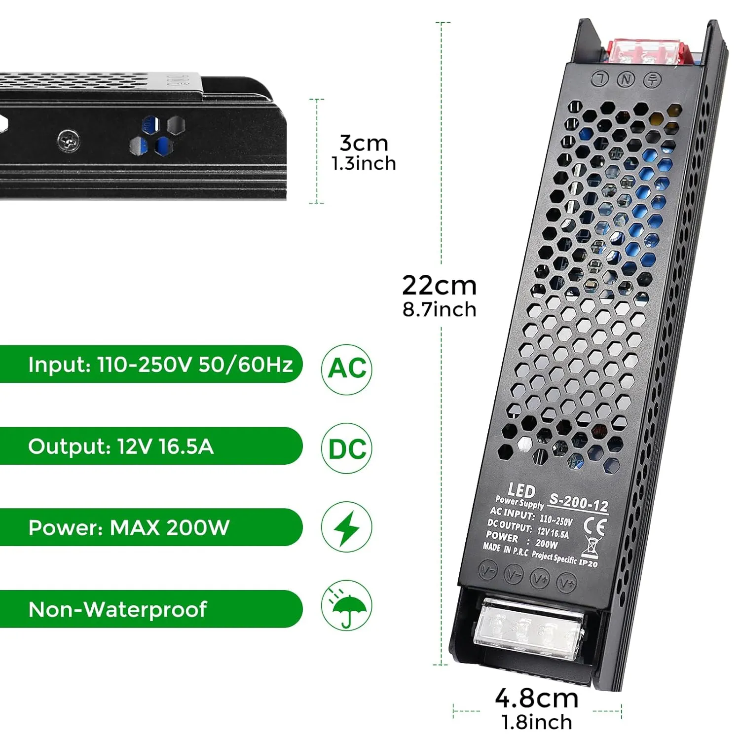 12V 200W Power Supply, 12 Volt 16.5A DC Power Supply, AC 110-250V to DC 12V Converter Transformer, LED Driver, Switching Power Supply for Strip Lights, Lighting Fixtures, Industrial Projects, Radio