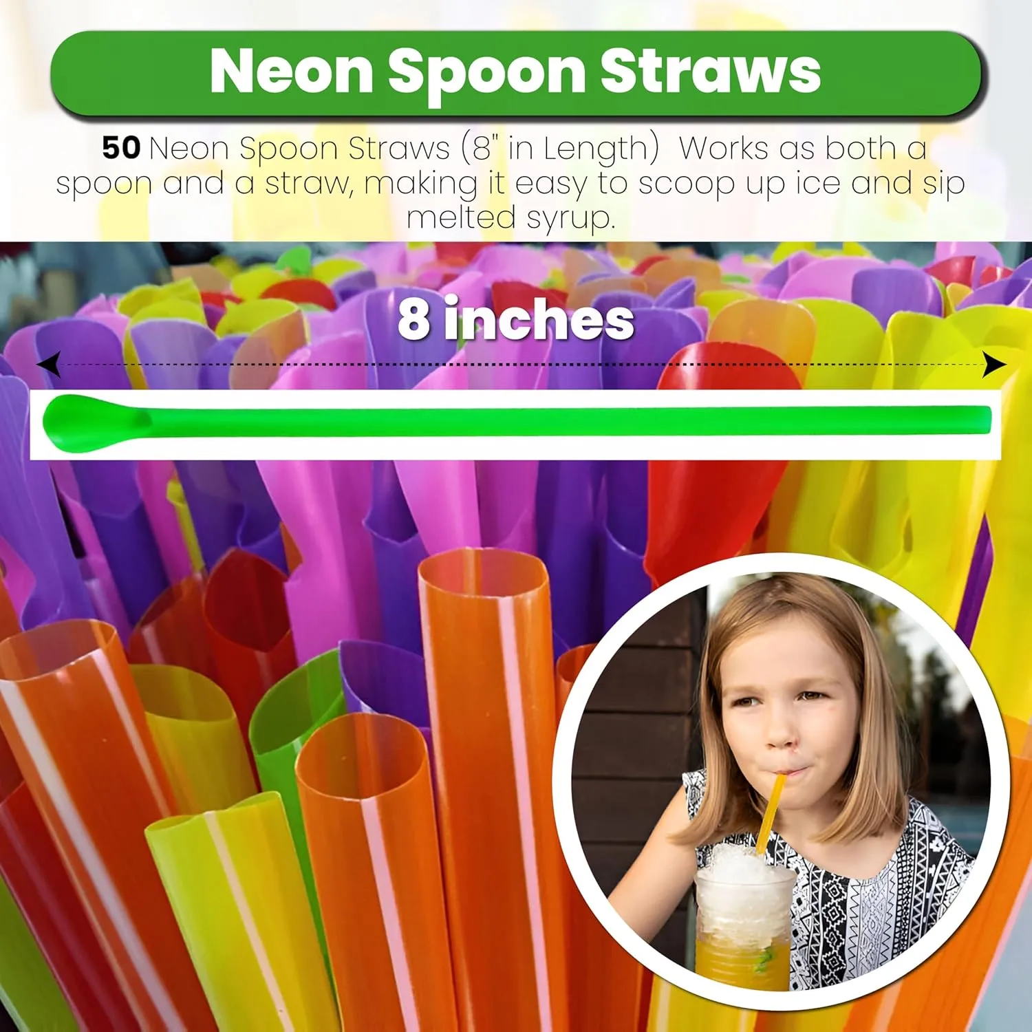 130 Piece Multi-Colored Snow Cone/Shaved Ice Kit - Includes 40 (12oz) Yellow, Pink, Green and Blue Cups, 40 Candy Spoons, and 50 Neon Straws - Perfect for Birthdays, Sporting Events, Festivals