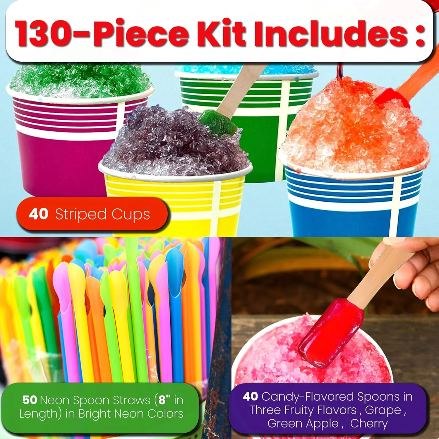 130 Piece Multi-Colored Snow Cone/Shaved Ice Kit - Includes 40 (12oz) Yellow, Pink, Green and Blue Cups, 40 Candy Spoons, and 50 Neon Straws - Perfect for Birthdays, Sporting Events, Festivals
