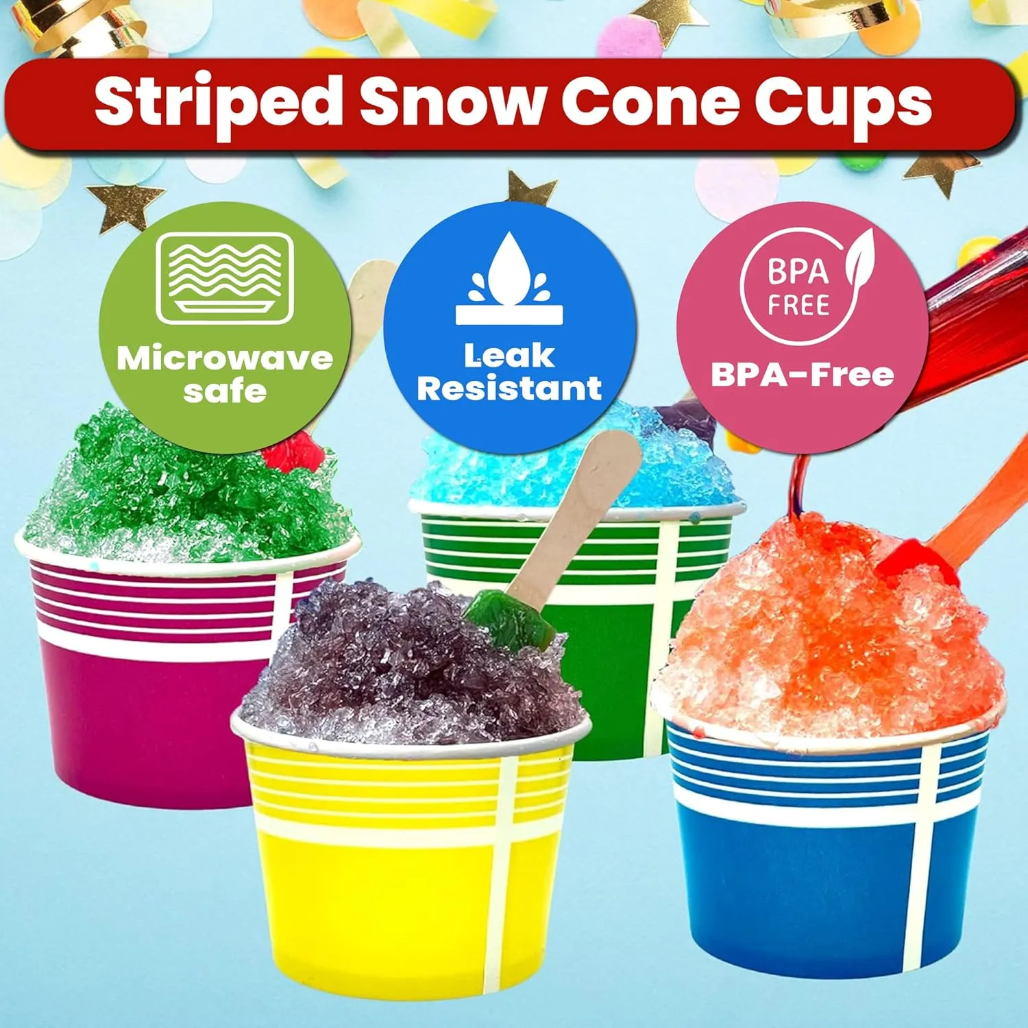 130 Piece Multi-Colored Snow Cone/Shaved Ice Kit - Includes 40 (12oz) Yellow, Pink, Green and Blue Cups, 40 Candy Spoons, and 50 Neon Straws - Perfect for Birthdays, Sporting Events, Festivals