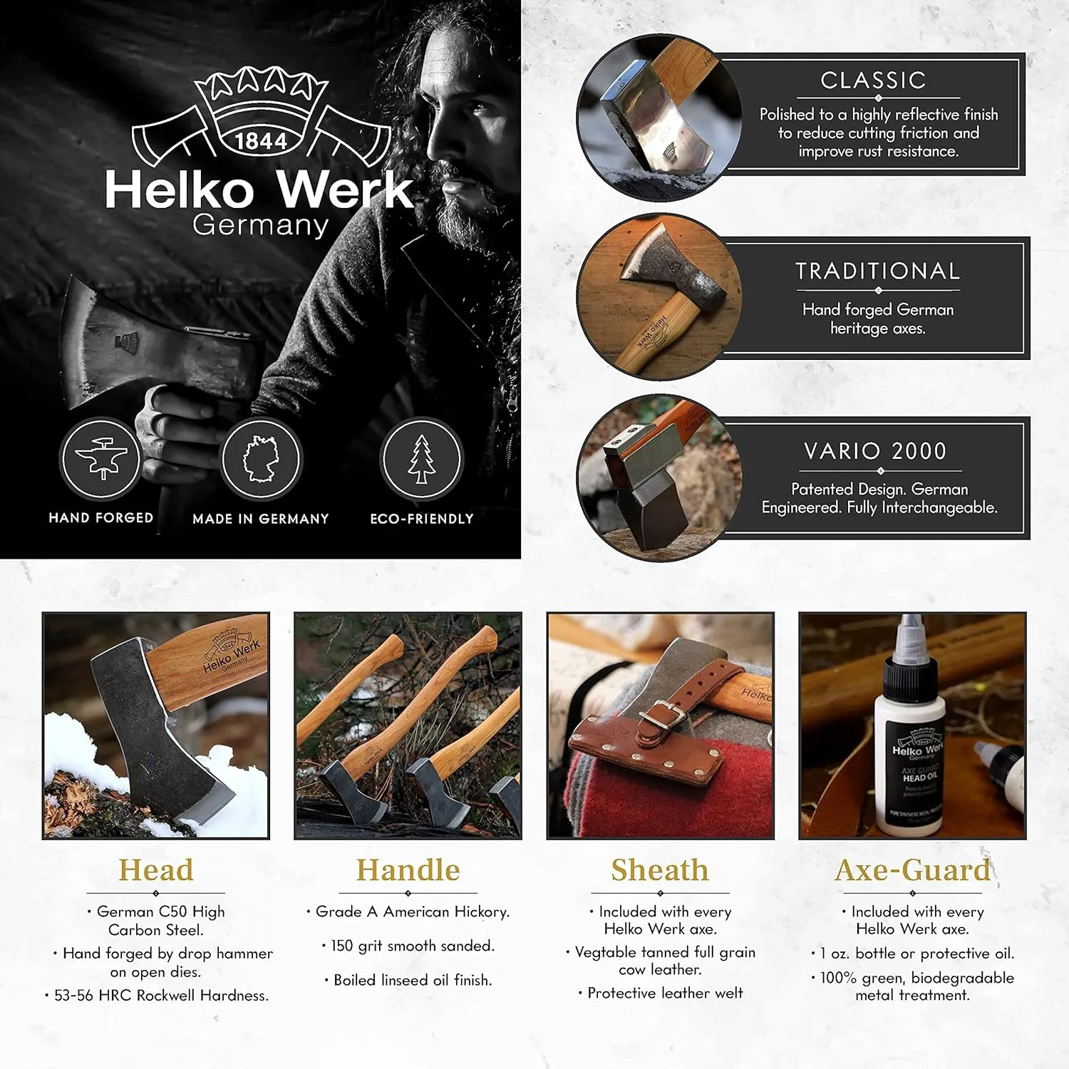 1844 Helko Werk Germany Vario Universal Hatchet - German Made Small Axe Hatchet and Pack Axe for Cutting Wood and Splitting Wood - Head 2 lbs, Handle 18 in. (Universal Hatchet) #10051