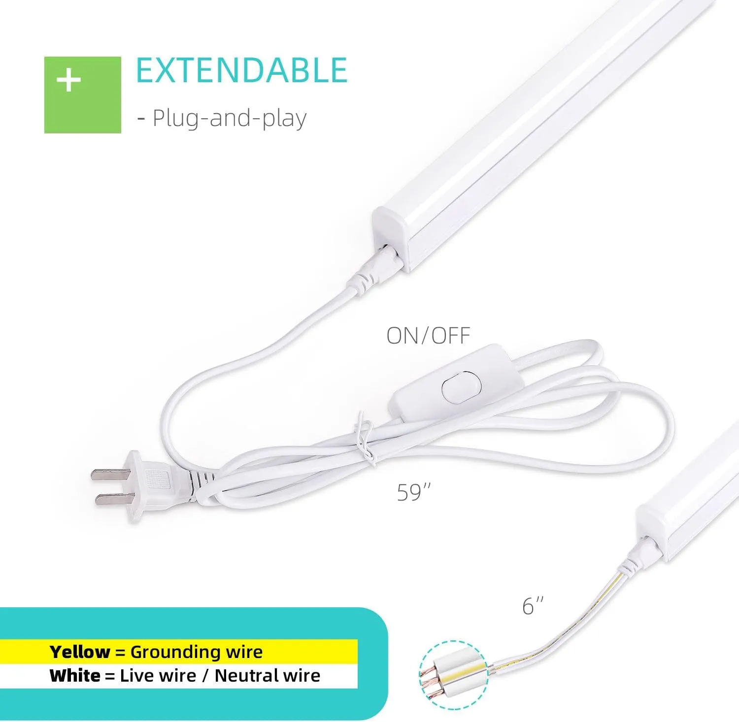 1FT LED Shop Light, 5W 500lm Super Bright 6500K, Linkable T5 LED Fixture and Under Cabinet Lights for Kitchen, Corded Electric with Built-in ON/Off Switch (2 Pack)