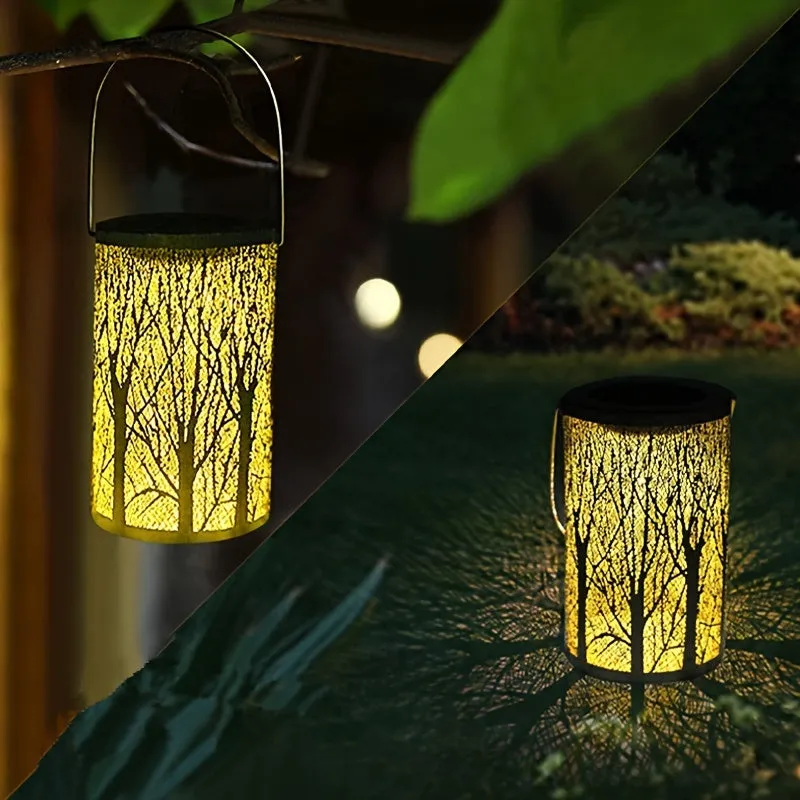 1PCS Outdoor Solar Hanging Lantern Lights, 5-Trees Hollowed-Out Metal Decor Lantern, LED Decorative Garden Light, Delicate Garden Decoration For Patio, Yard, Pathway, Landscape