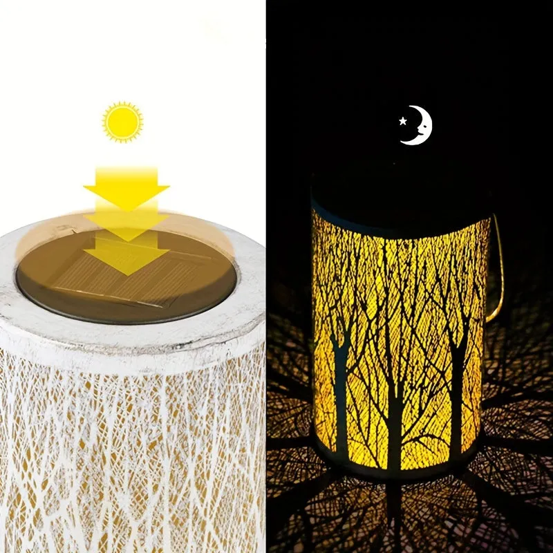 1PCS Outdoor Solar Hanging Lantern Lights, 5-Trees Hollowed-Out Metal Decor Lantern, LED Decorative Garden Light, Delicate Garden Decoration For Patio, Yard, Pathway, Landscape