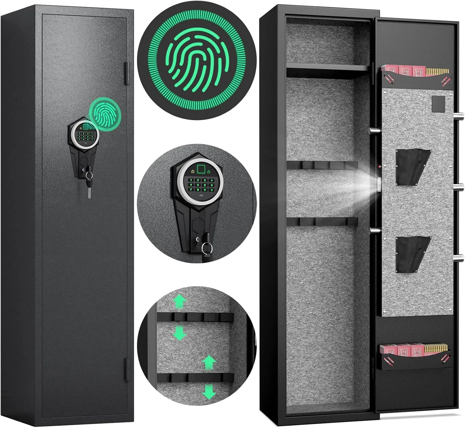 2-3 Gun Safe, Biometric Fingerprint Gun Safe for Rifles and Pistols, Quick Access Rifle Gun Safe with Silent Mode and Alarm System, Gun Cabinet with Removable Shelf and 2 Adjustable Gun Slots