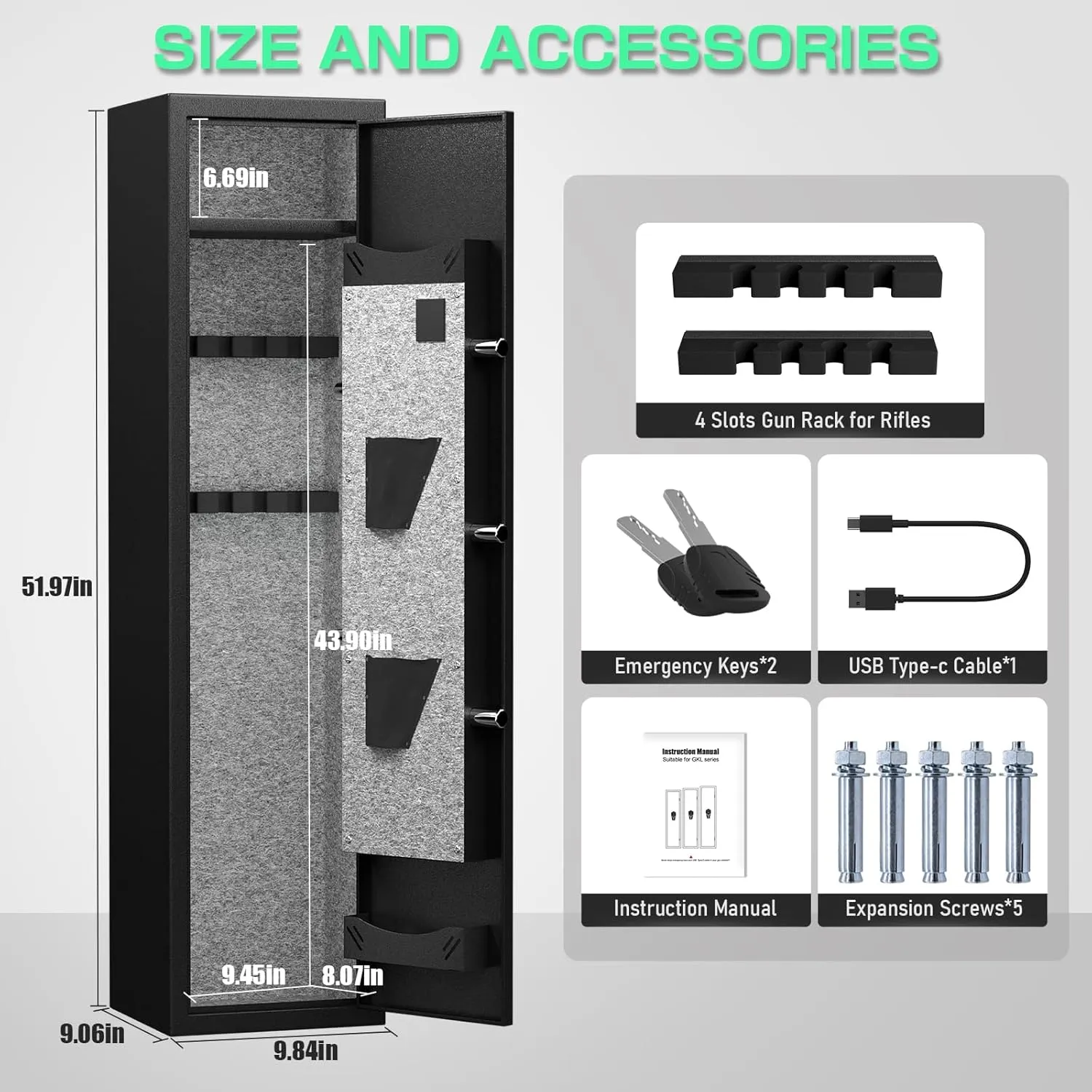 2-3 Gun Safe, Biometric Fingerprint Gun Safe for Rifles and Pistols, Quick Access Rifle Gun Safe with Silent Mode and Alarm System, Gun Cabinet with Removable Shelf and 2 Adjustable Gun Slots