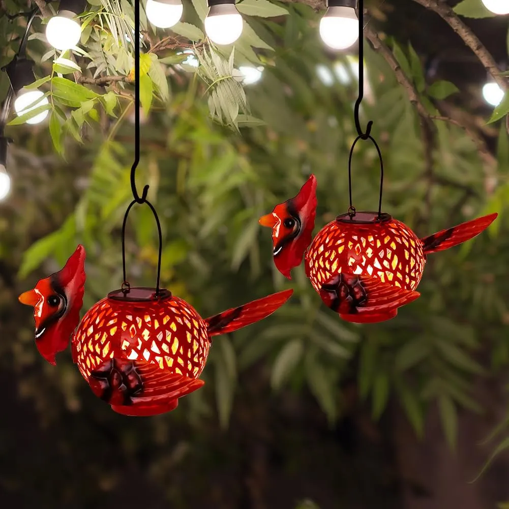 2 Pack Cardinal Solar Lanterns Outdoor Hanging with Handle, Metal Tabletop Solar Lanterns Outdoor Waterproof, LED Light Solar Lantern for Table Pathway Patio Yard Christmas Gifts