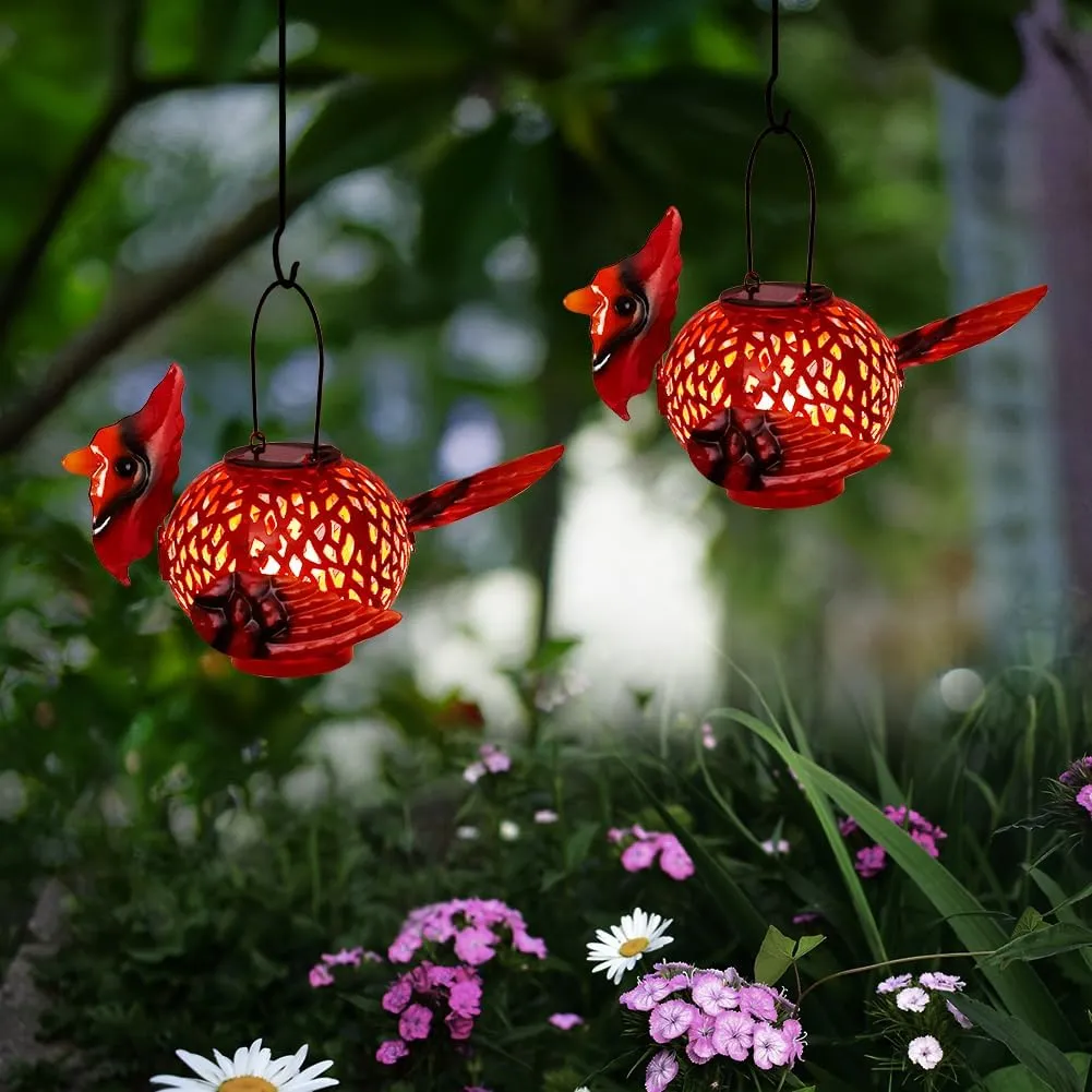 2 Pack Cardinal Solar Lanterns Outdoor Hanging with Handle, Metal Tabletop Solar Lanterns Outdoor Waterproof, LED Light Solar Lantern for Table Pathway Patio Yard Christmas Gifts