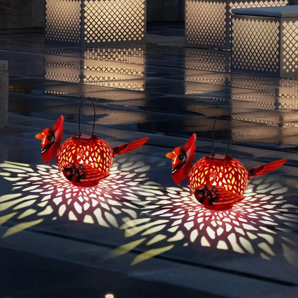 2 Pack Cardinal Solar Lanterns Outdoor Hanging with Handle, Metal Tabletop Solar Lanterns Outdoor Waterproof, LED Light Solar Lantern for Table Pathway Patio Yard Christmas Gifts