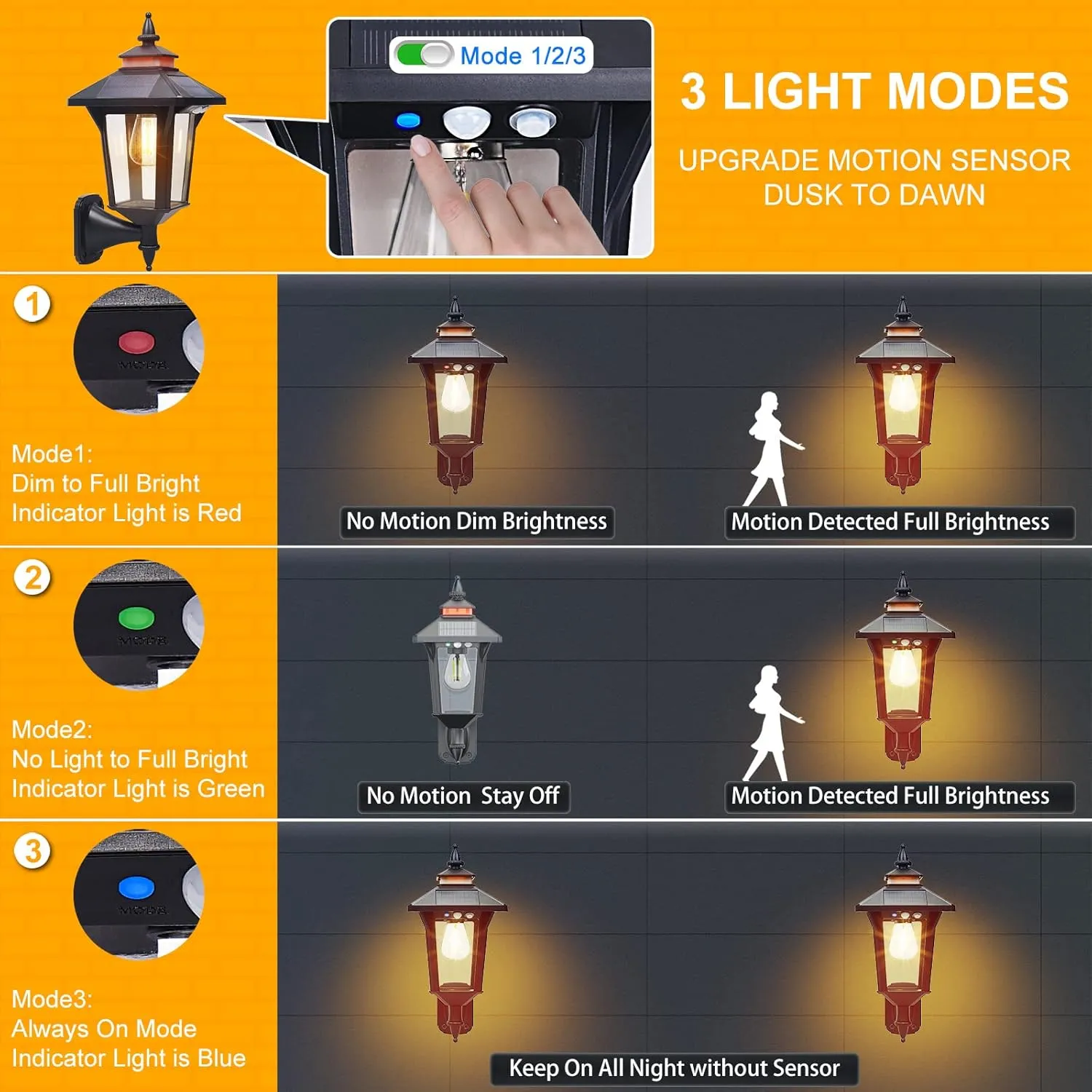 2 Pack Solar Wall Lantern Lights Outdoor with 3 Lighting Modes, Motion Sensor Wall Sconce, Dusk to Dawn LED Exterior Front Porch Lights Fixtures Wall Mount Waterproof for Garage House Doorway Yard