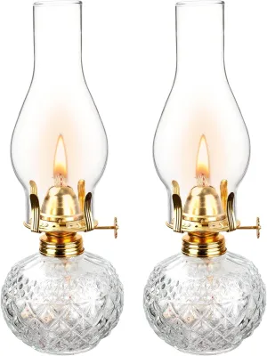 2 Pack Vintage Glass Oil Lamps, Kerosene Lamps for Indoor Use, Decorative Hurricane Lanterns, Classic Oil Lamps for Home and Emergency Lighting