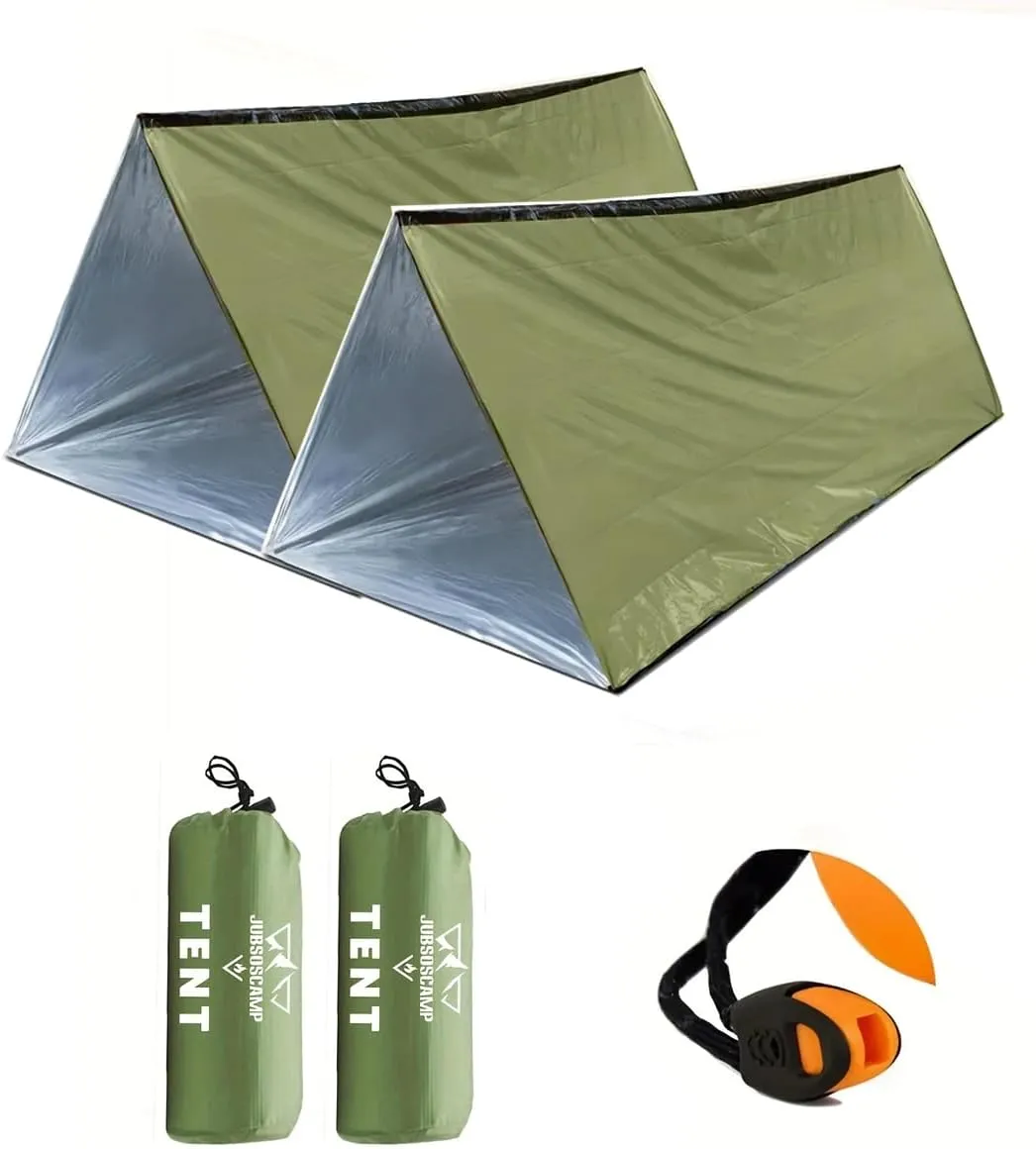 2 PCS Emergency Tent, Polyester Film Storm Shelter Survival Shelter with Whistle Drawstring Bag for 2 Person Car Camping, Hiking&First Aid