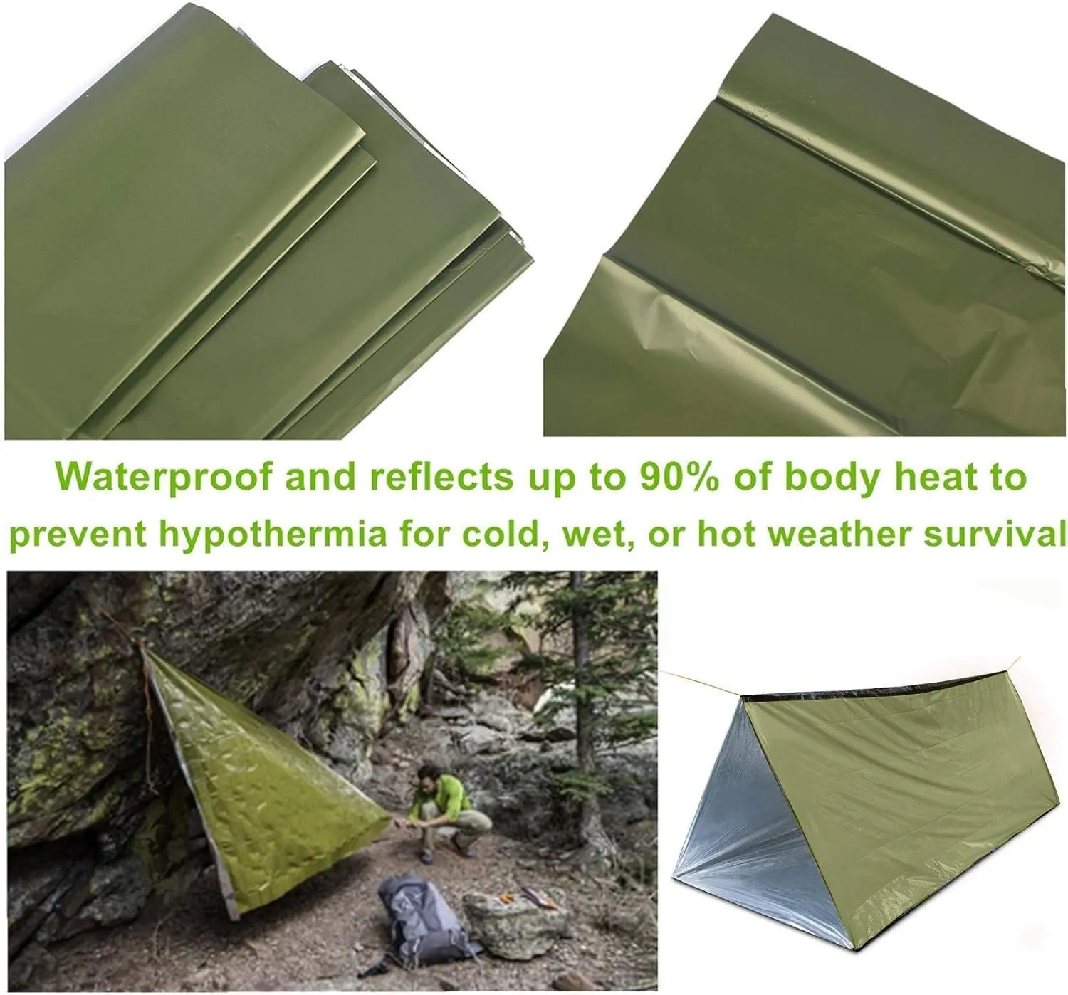2 PCS Emergency Tent, Polyester Film Storm Shelter Survival Shelter with Whistle Drawstring Bag for 2 Person Car Camping, Hiking&First Aid