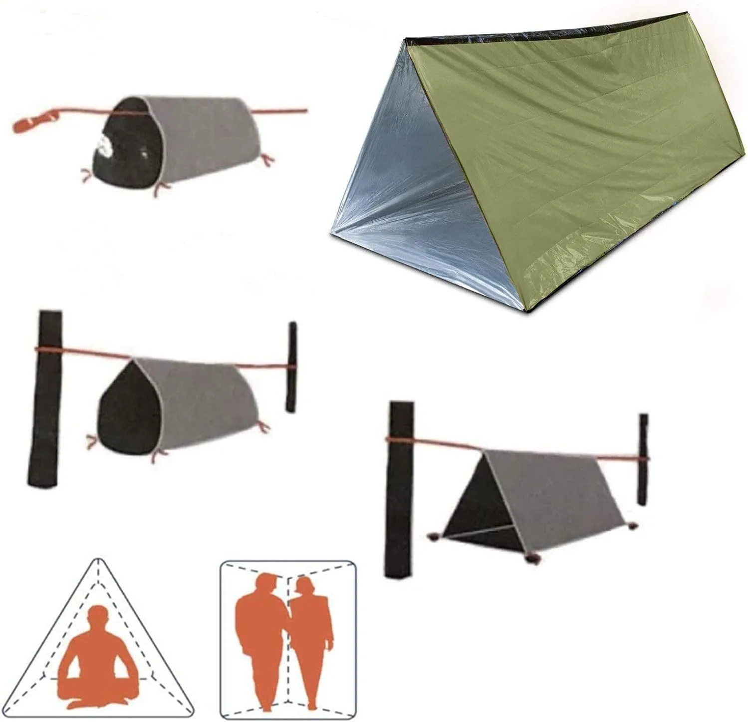 2 PCS Emergency Tent, Polyester Film Storm Shelter Survival Shelter with Whistle Drawstring Bag for 2 Person Car Camping, Hiking&First Aid