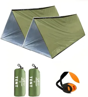 2 PCS Emergency Tent, Polyester Film Storm Shelter Survival Shelter with Whistle Drawstring Bag for 2 Person Car Camping, Hiking&First Aid