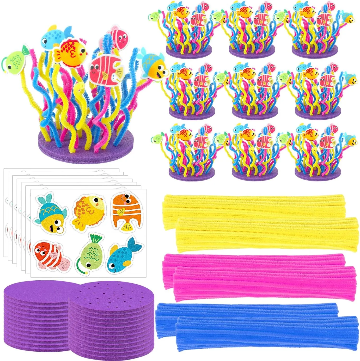 24 Pcs Under the Sea Coral Reef Craft Kit Summer DIY Twistable Pipe Cleaner Set with 144 Fish Chenille Stems Art Supplies for Creative DIY Ocean Themed Kids Activity Parties Vbs (ages 5-12)