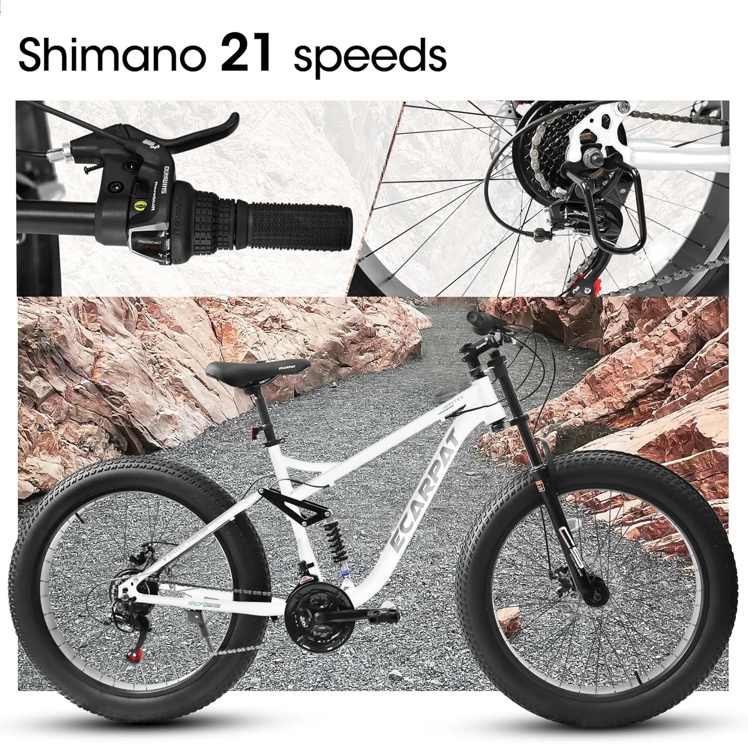 26 Inch Fat Tires Mountain Bike, 21-Speed All Terrain Bicycle with Disc Brakes & 4" Wide Fat Tire, City Snow Beach for Adults and Teenagers, Men's and Women's Mountain Bikes