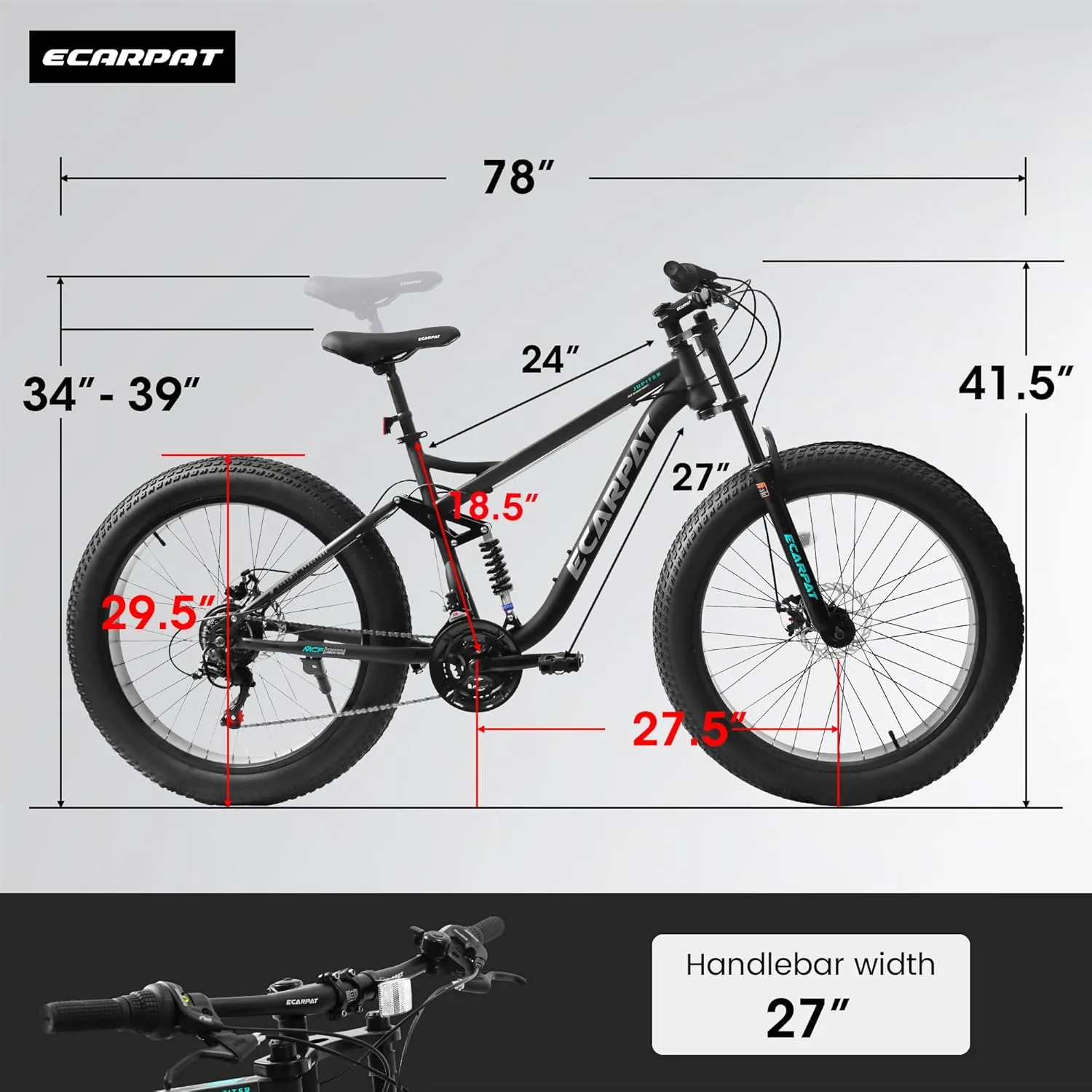 26 Inch Fat Tires Mountain Bike, 21-Speed All Terrain Bicycle with Disc Brakes & 4" Wide Fat Tire, City Snow Beach for Adults and Teenagers, Men's and Women's Mountain Bikes