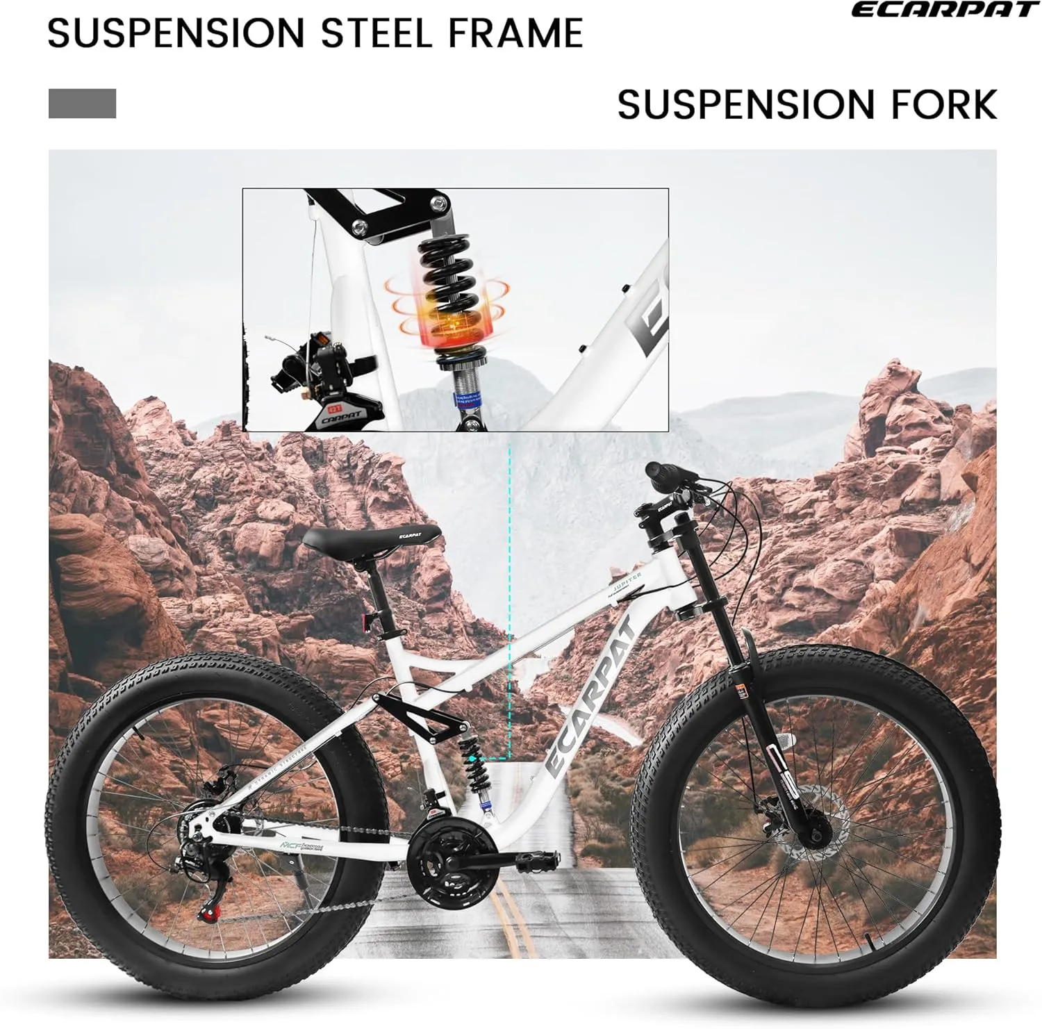 26 Inch Fat Tires Mountain Bike, 21-Speed All Terrain Bicycle with Disc Brakes & 4" Wide Fat Tire, City Snow Beach for Adults and Teenagers, Men's and Women's Mountain Bikes