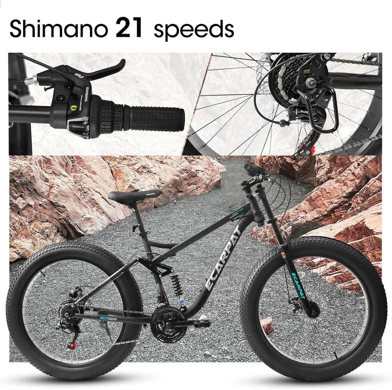 26 Inch Fat Tires Mountain Bike, 21-Speed All Terrain Bicycle with Disc Brakes & 4" Wide Fat Tire, City Snow Beach for Adults and Teenagers, Men's and Women's Mountain Bikes