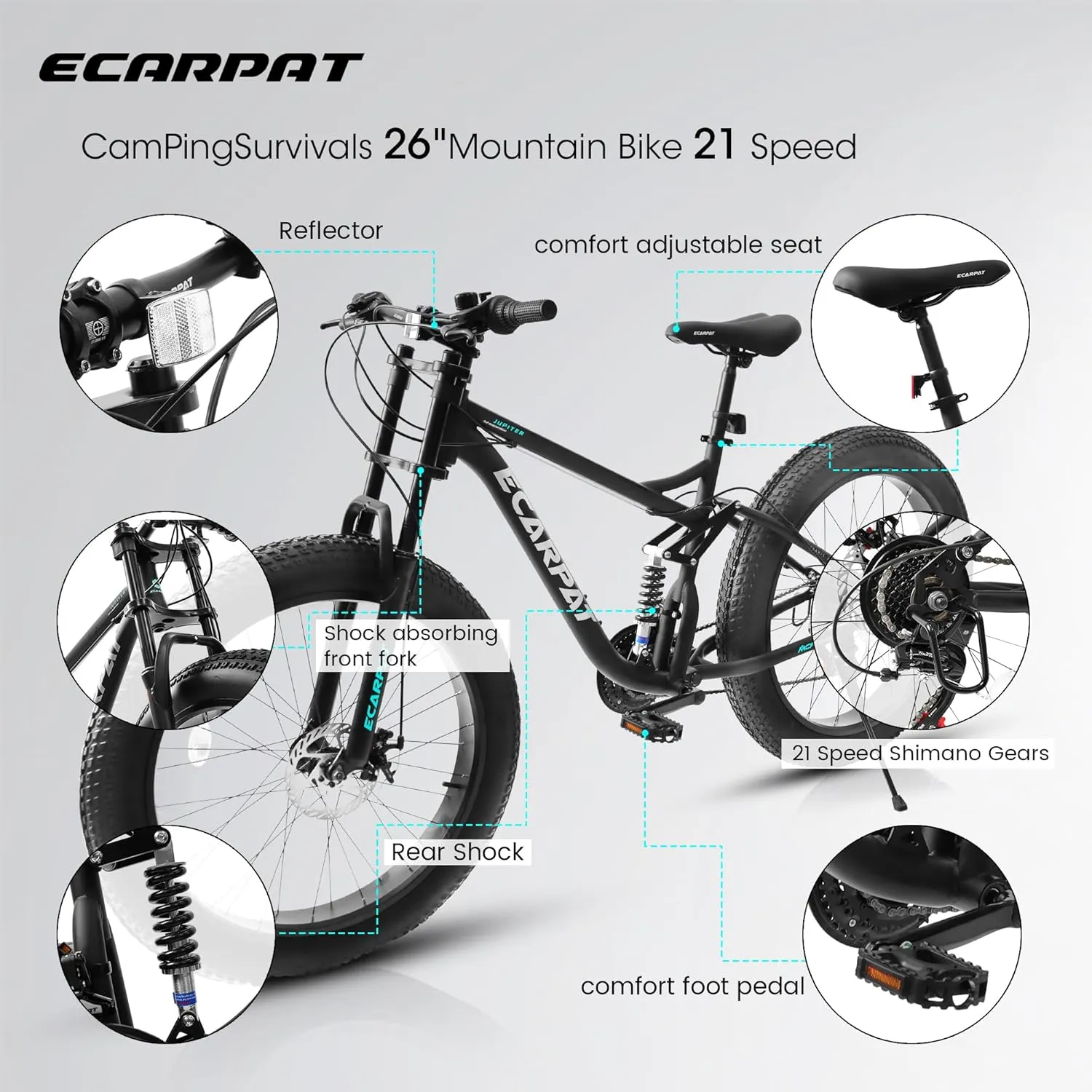26 Inch Fat Tires Mountain Bike, 21-Speed All Terrain Bicycle with Disc Brakes & 4" Wide Fat Tire, City Snow Beach for Adults and Teenagers, Men's and Women's Mountain Bikes