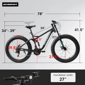 26 Inch Fat Tires Mountain Bike, 21-Speed All Terrain Bicycle with Disc Brakes & 4" Wide Fat Tire, City Snow Beach for Adults and Teenagers, Men's and Women's Mountain Bikes